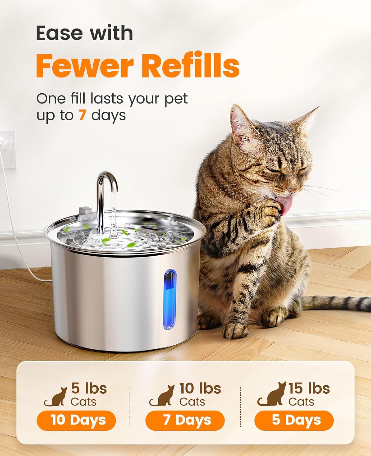 oneisall Stainless Steel Cat Water Fountain, 2L Water Fountains for Cats Indoor with Quiet Pump and 3 Replacement Filters, Pet Water Fountain Faucet Spout Design Cat Fountain Drinking Inside, PWF 001