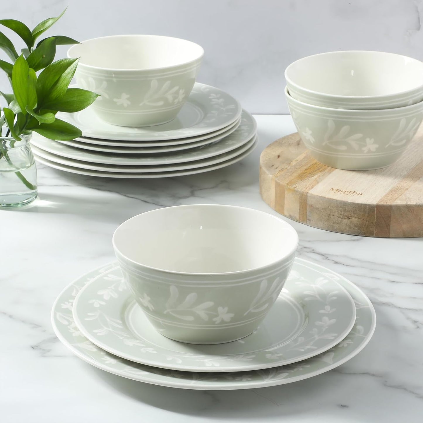 Martha Stewart Maiden Crown 12-Piece Sage Green Dinnerware Set – New Bone China Ceramic Plates & Bowls – Floral Design – Service for 4 – Microwave & Dishwasher Safe