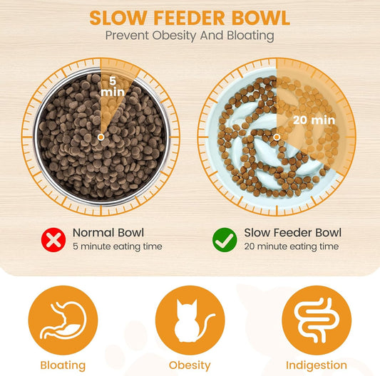 PETTOM Slow Feeder Cat Bowl with Stand, 2 Pack Ceramic Raised Tilted Cat Slow Feeder Bowl