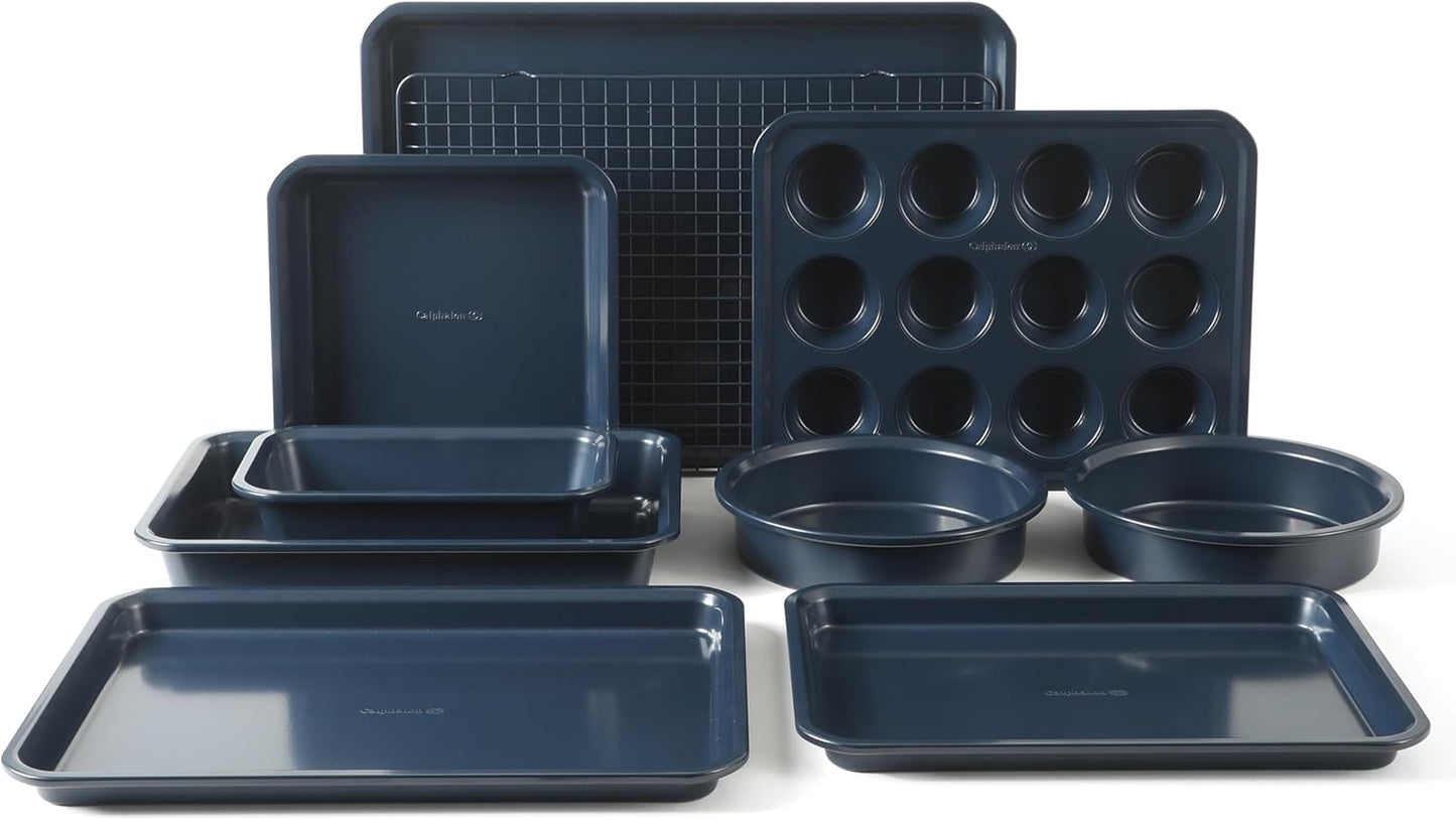 Calphalon Legacy 10-Piece Nonstick Bakeware Set, PFA-Free Nonstick Coating, Oven Safe, Includes Sheet Pans, Muffin Pan, Round Cake Pans, Loaf Pan and Cooling Rack, Navy Blue