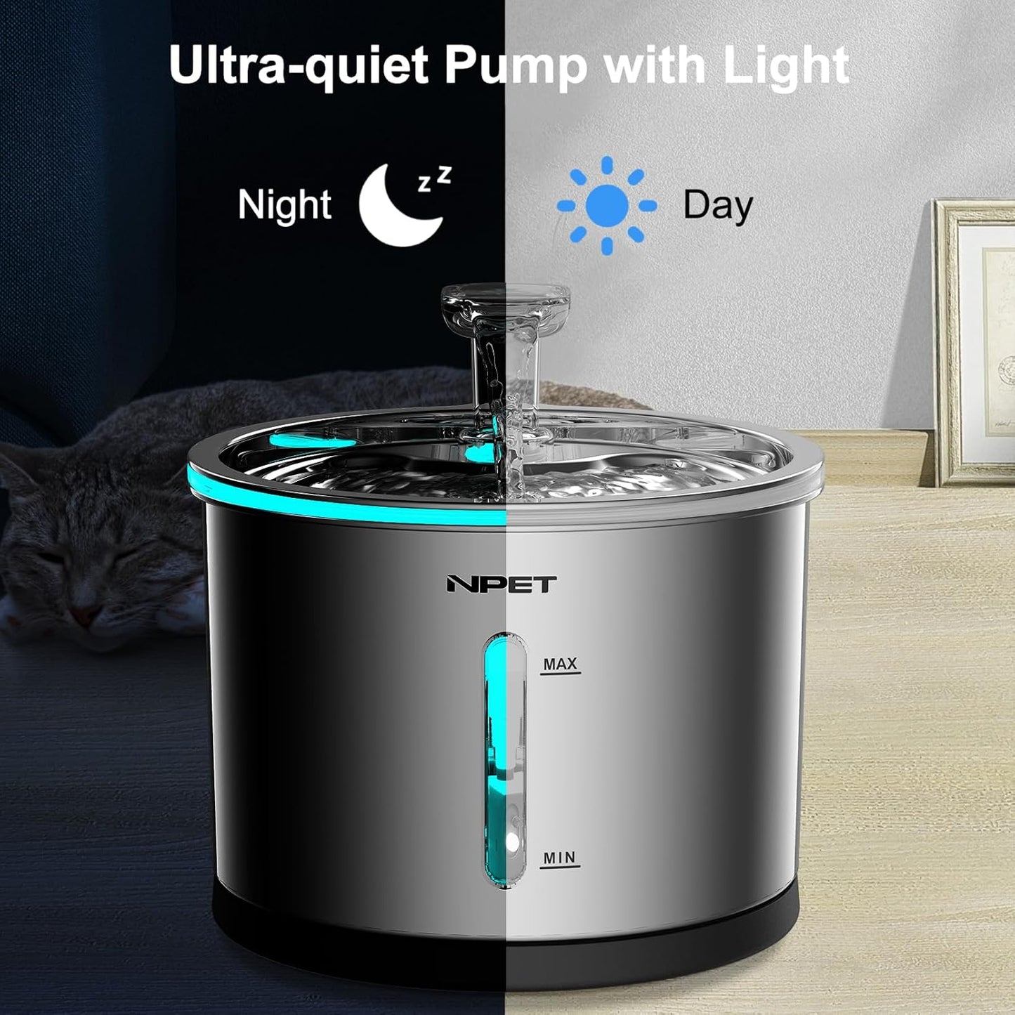 NPET WF210 Cat Water Fountain Stainless Steel, 50oz/1.5L Dishwasher-Safe Pet Water Fountain Ultra Quiet Automatic Cat Water Dispenser with Light for Cats Inside (4 Filters+Fountain(with Adapter))