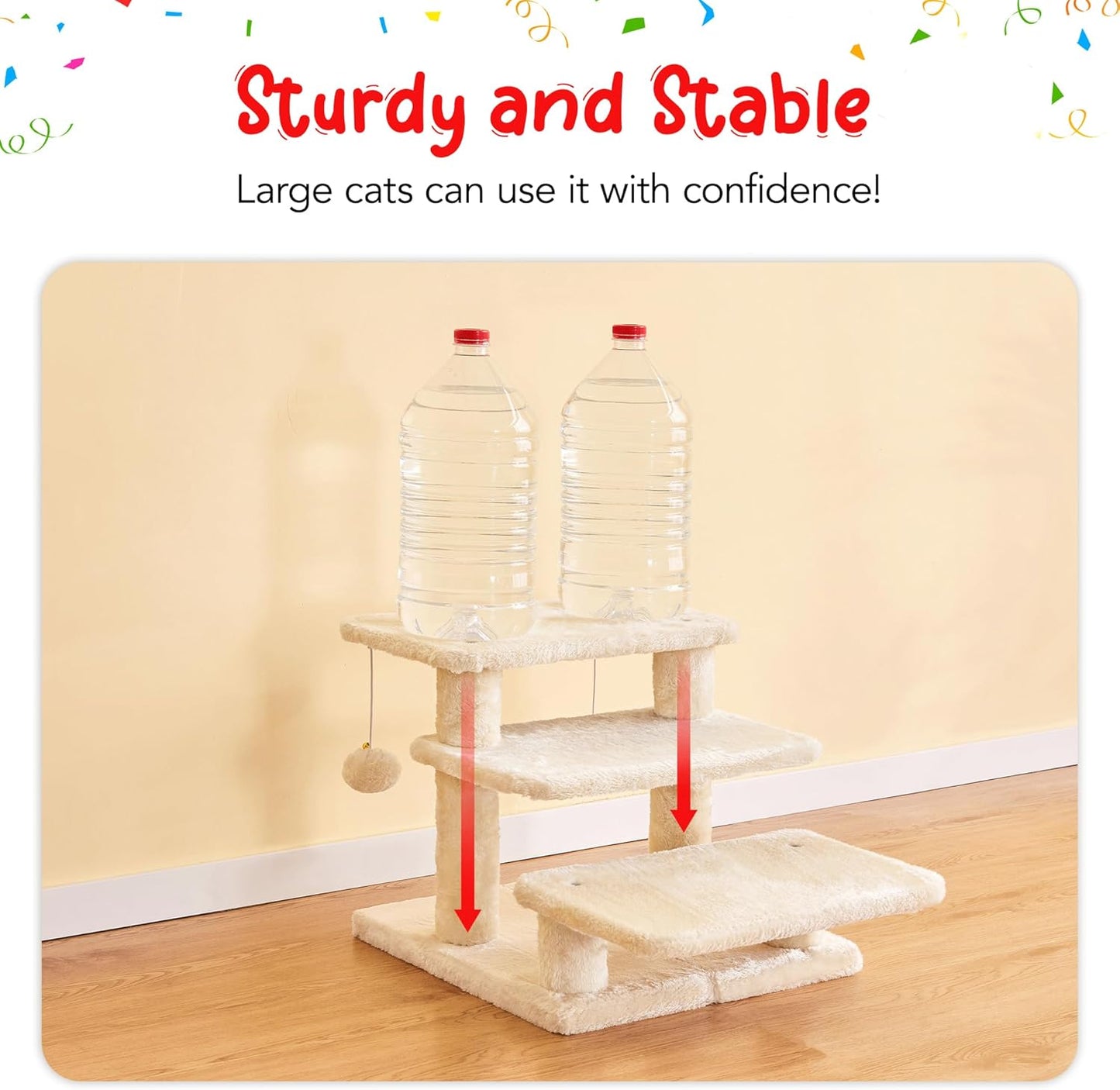 15''H Multi-Step Pet Stairs for High Beds & Sofas, 3-Step Cat Stairs with 2 Toy Balls, Wide Boards for Indoor Kittens Dogs Pets Climbing, Beige