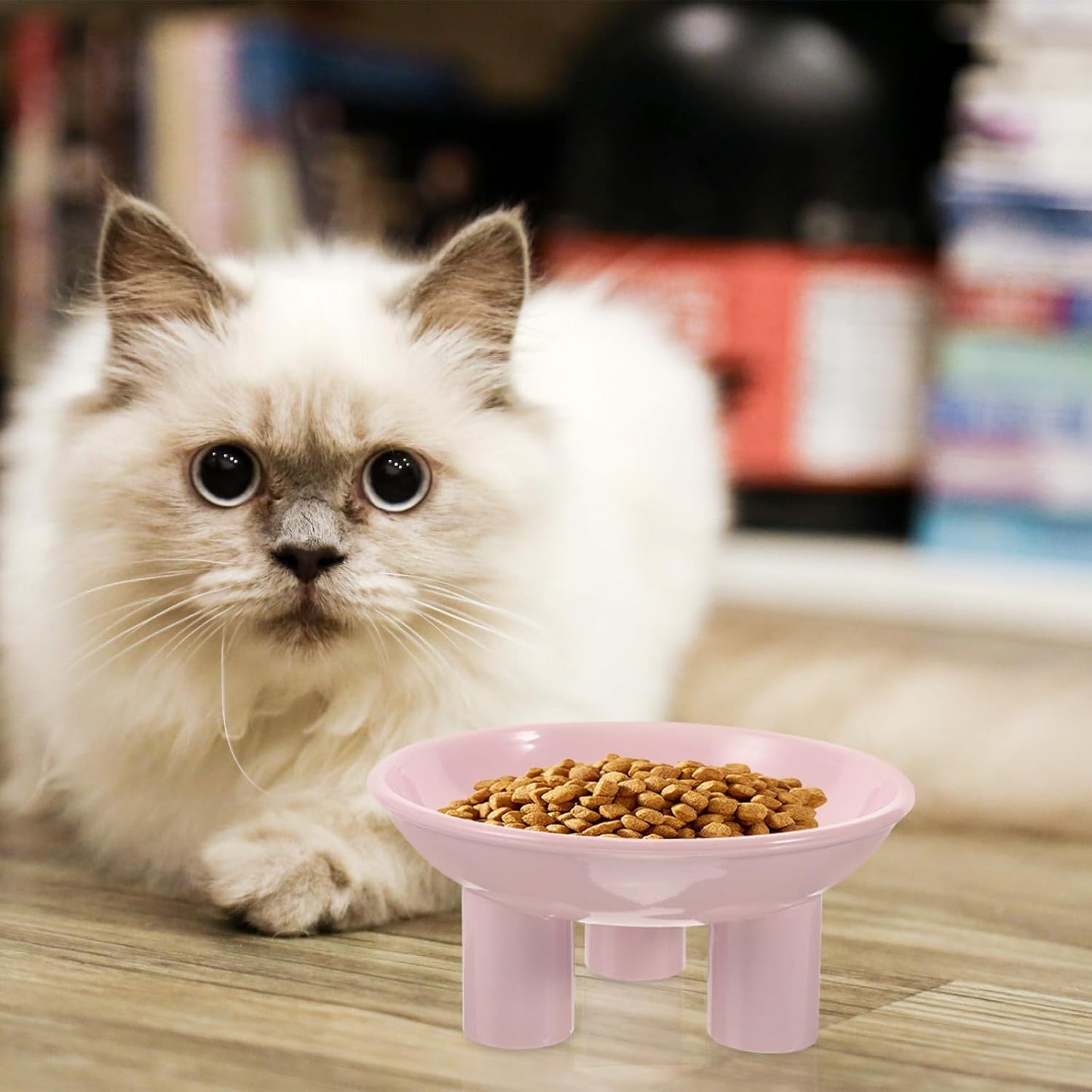 Elevated Cat Bowl and Raised Pet Food Dish, Ergonomic Wide Opening Tilted Plastic Feeder, Three-Leg Stand for Neck Support, Pink Raised Feeding Bowl for Cats and Dogs
