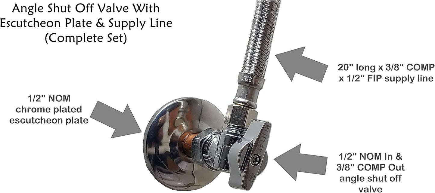 Complete Faucet Set Valve 1/2 in. NOM Inlet x 3/8 in. OD Compression Outlet Angle Shut Off Valve + Escutcheon Plate + 20" Long Stainless Steel Braided Lavatory Water Supply Line (2 Pack)