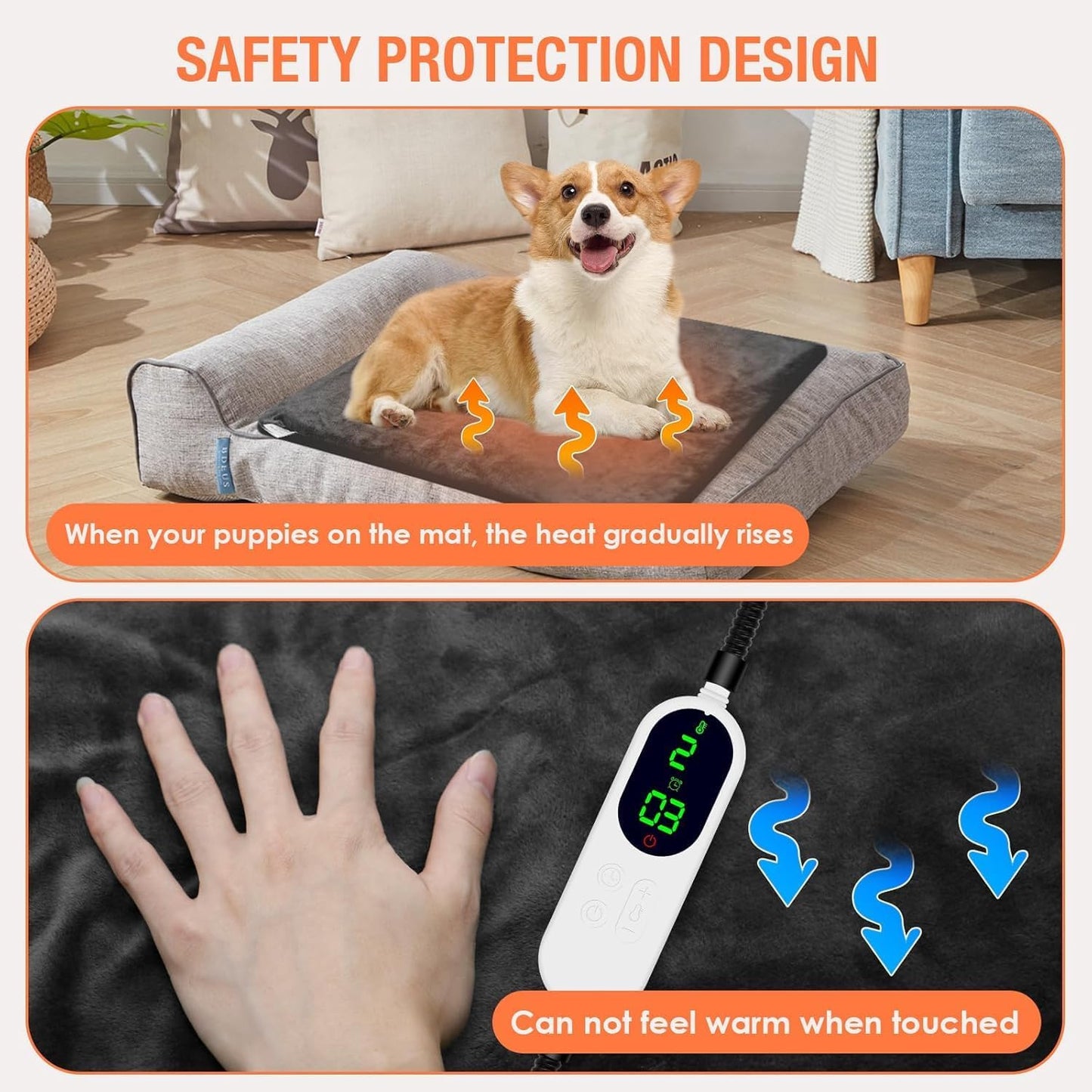 ENJOY PET Pet Heating Pad, Dog Heating Pad with 13 Level Timer and 9 Level Temperature, Indoor Heating Pads for Cats Dogs with Chew Resistant Cord, Long-Time Working Pet Heated Mat, Auto Power Off