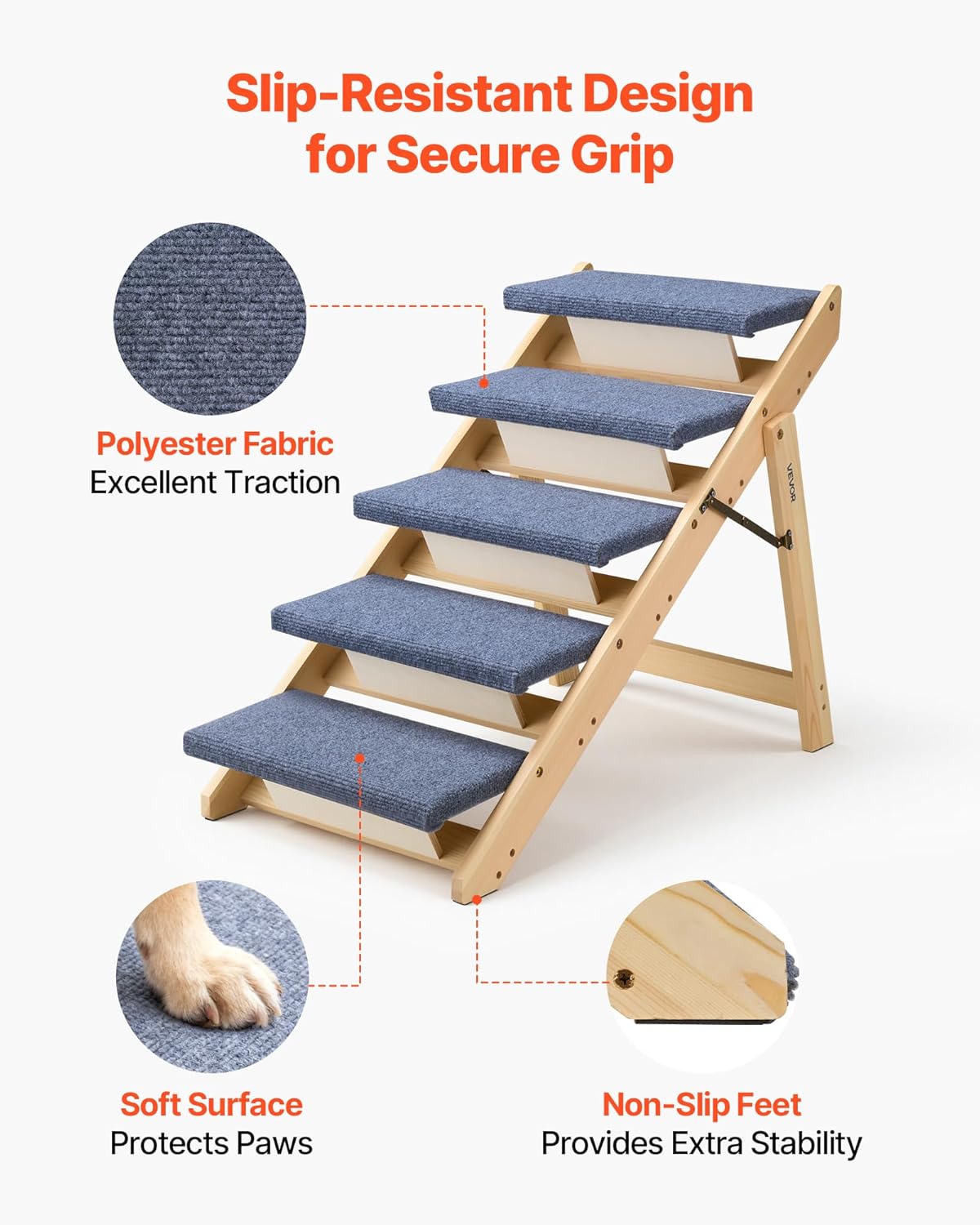 VEVOR Wood Pet Stairs, 5-Step Dog Stairs for Beds, Sofa & Cars, 150lbs Load Capacity, Floded Flat Design, Stable & Sturdy Cat & Dog Step Ladder for Small Medium Large Older Pet Puppy Essentials