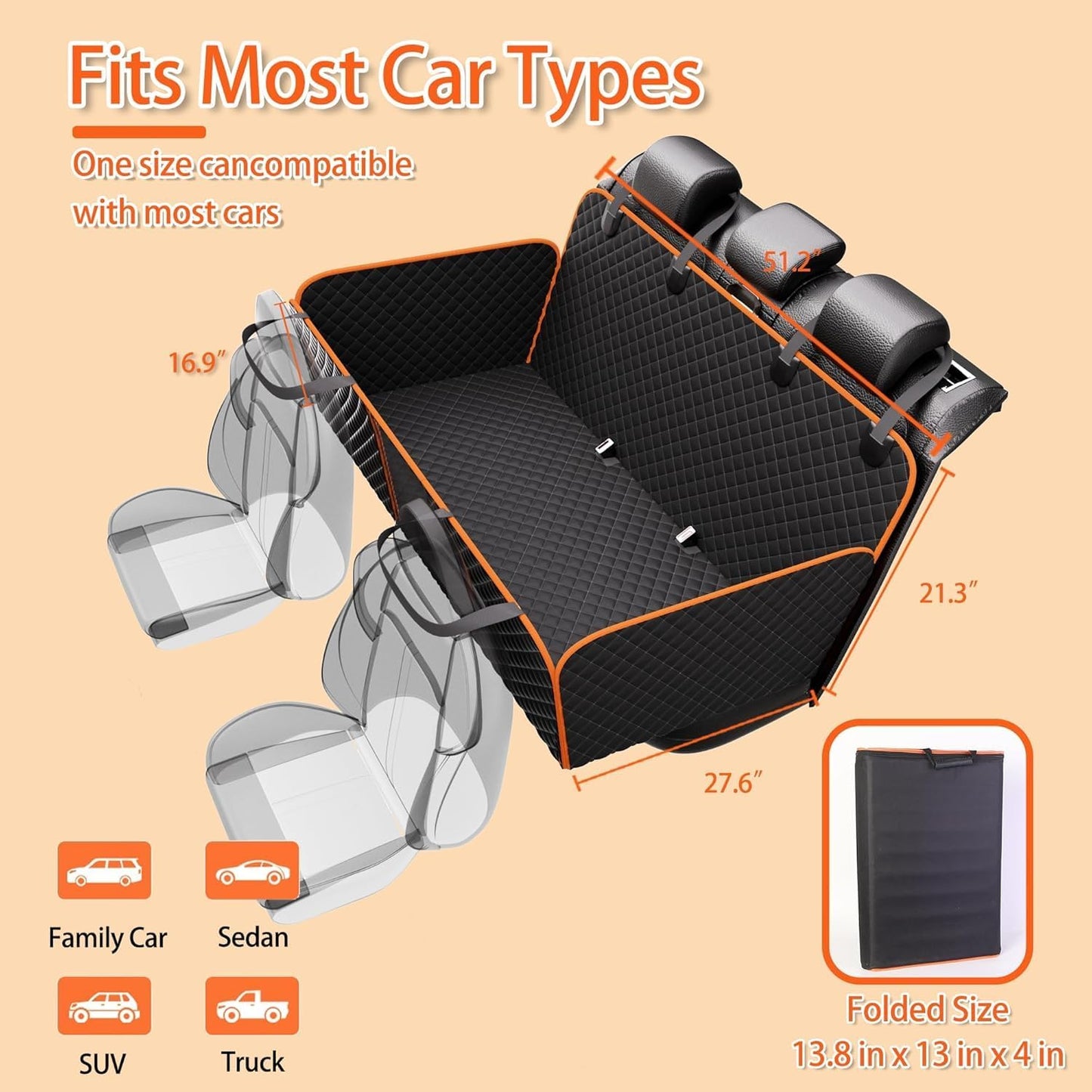 Back Seat Extender for Dogs - Large Space, Waterproof Dog Car Seat Cover for Back Seat with Hard Bottom Holds 420lbs, 600D Heavy-Duty Upgraded Material Dog Hammock for Car