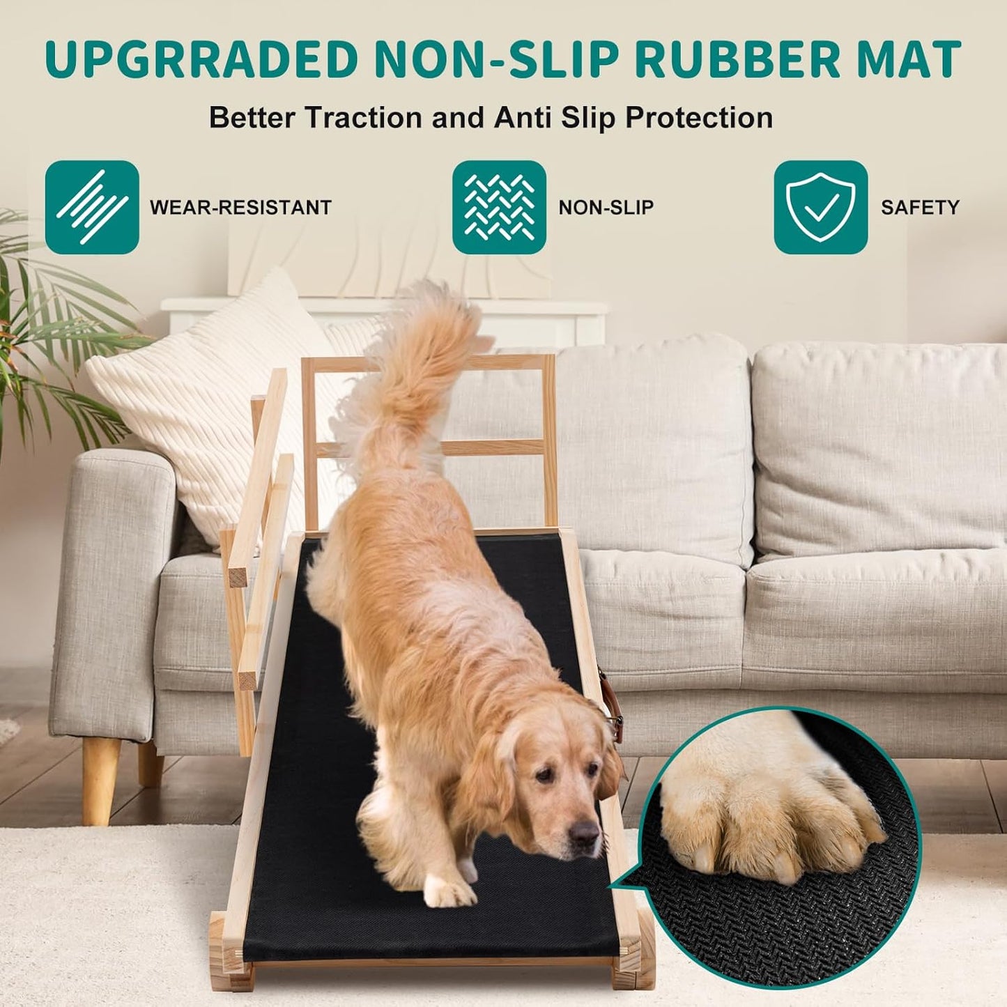 Dog Ramp for Bed, Adjustable Pet Ramps for Dog to Get on Bed, Non-Slip Rubber Surface - Folding Wooden Dog Ramp for Small/Large/Old Dogs, Adjustable up to 23.5 inch High Beds, Safety Railings