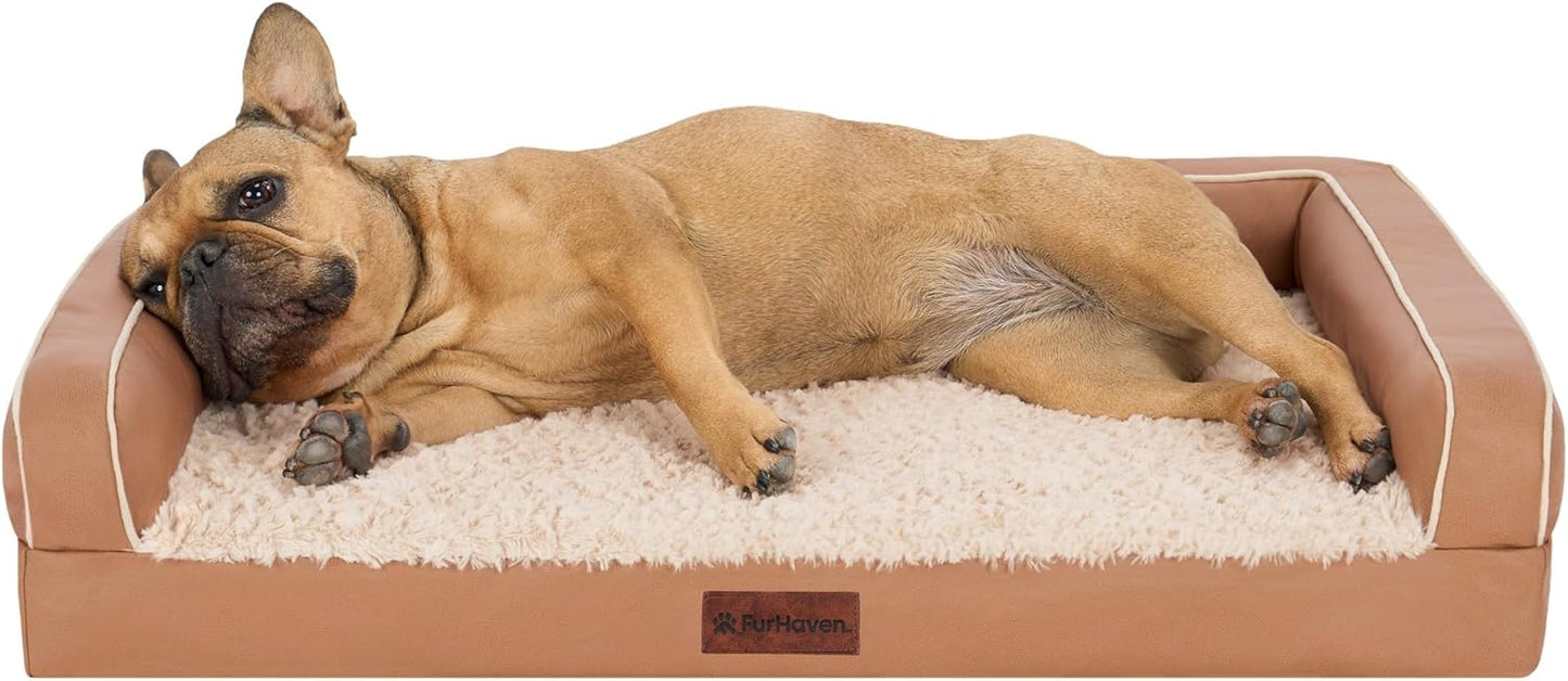 FurHaven Textured Plush & Coated Polyester Solid Core Modern Sofa Pet Bed, Camel, Medium