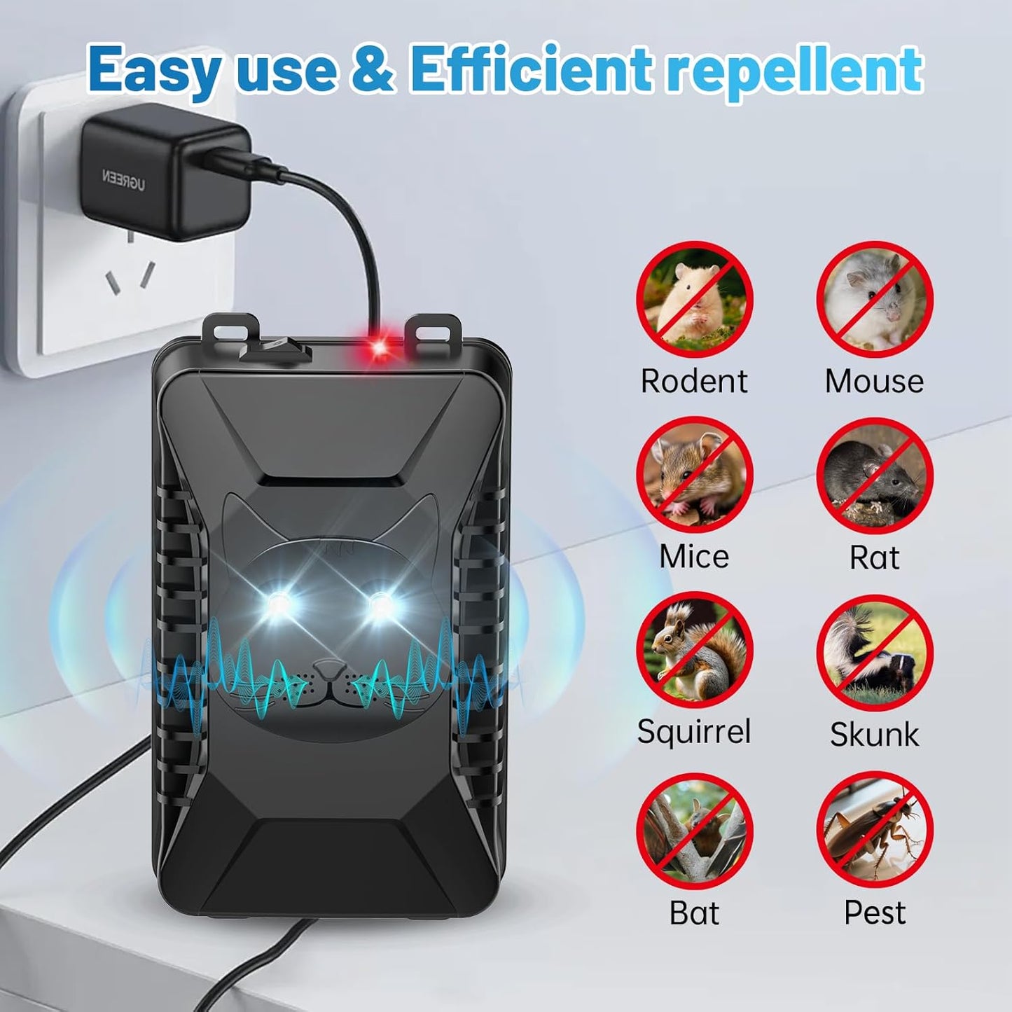 Ultrasonic Rodent Repellent, 2 Pack Plug-in Mouse Rat Pest Bat Squirrels Repellent for Car with Battery Powered Under Hood, Keep Mice Out of Cars Engines, Indoor, Garage, Storage Room-Black