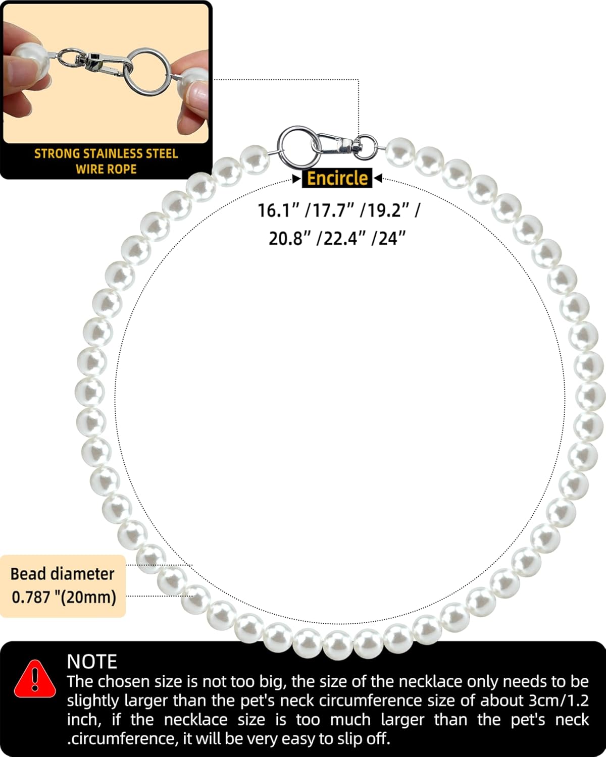 KUDES Chunky Pearl Dog Necklace (Beads 20mm),Elegant Classic Super Big Pearl Collar Necklace Accessories for Medium Large Dogs Occasions and Gatherings (White, M(Neck Girth15.7''-17.5''))