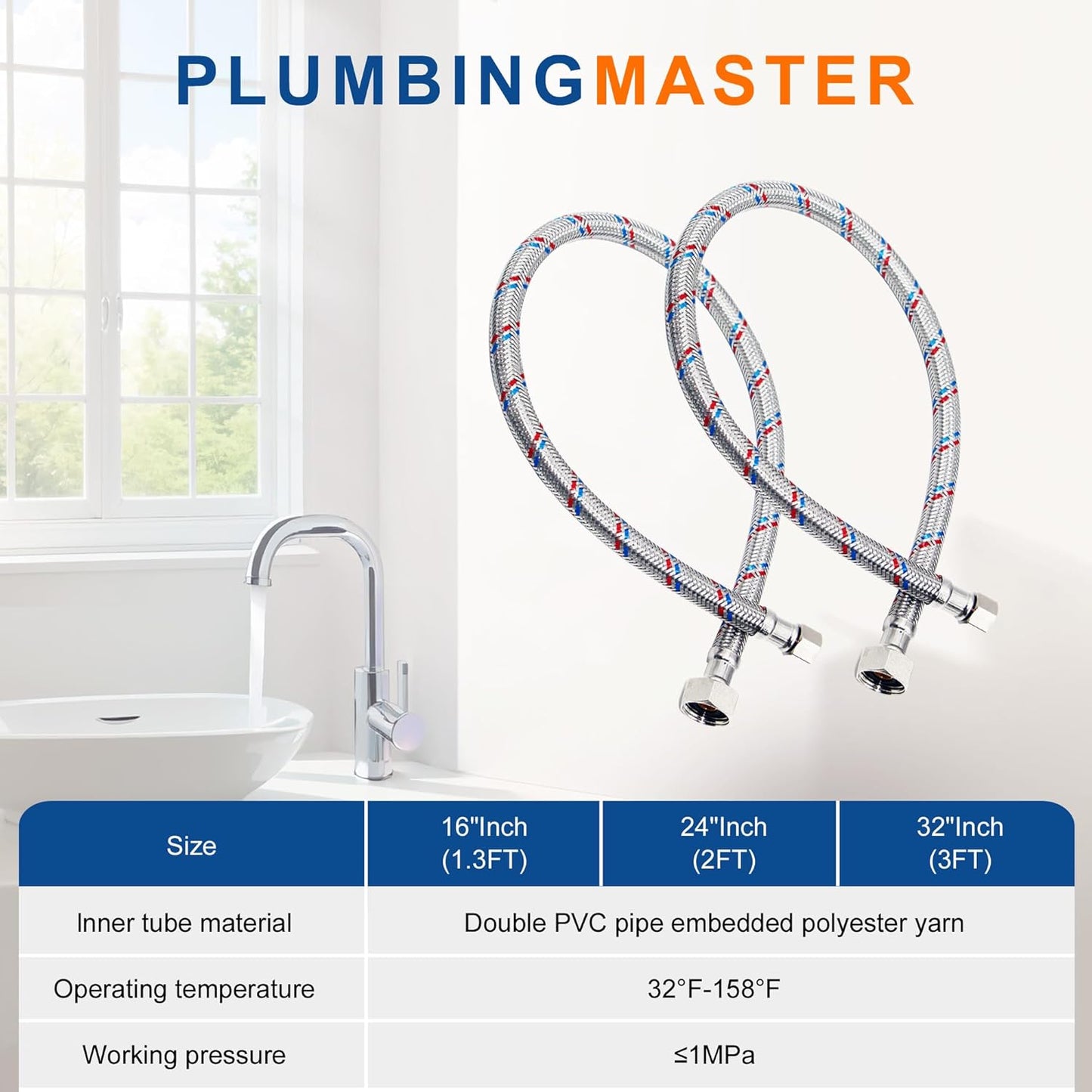 16'' Faucet Hose Connector, 3/8" Comp x 1/2" FIP Braided Stainless Steel Faucet Water Supply Lines for Bathroom Kitchen Sink Faucet 2Pcs
