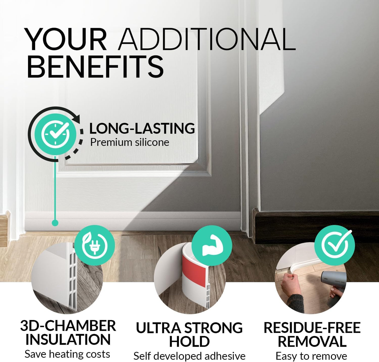 Vellure® Door Draft Stopper for Bottom of Door - Premium Door Sweep for Bottom of Door/Weather Stripping Door Seal (Save Energy – installs Quickly and Easily) Door Strip Ideal for