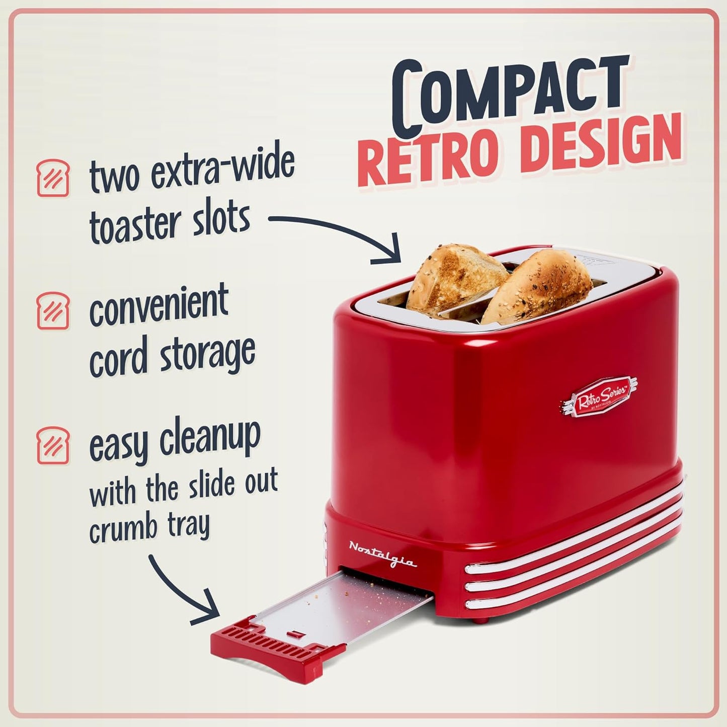 Nostalgia Retro Wide 2-Slice Toaster, Vintage Design With Crumb Tray, Cord Storage & 5 Toasting Levels, Red