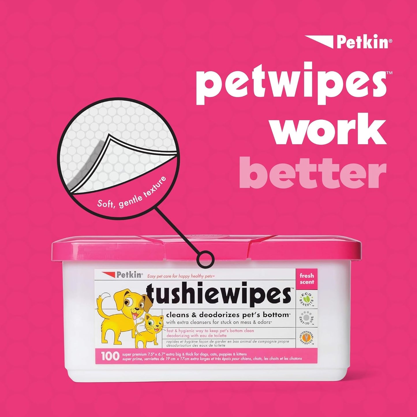 Petkin Tushie Wipes, 100 Wipes - Keep Pet's Bottom Clean - Absorbent, Easy to Use for Dogs, Cats, Puppies & Kittens - With Eau de Toilette