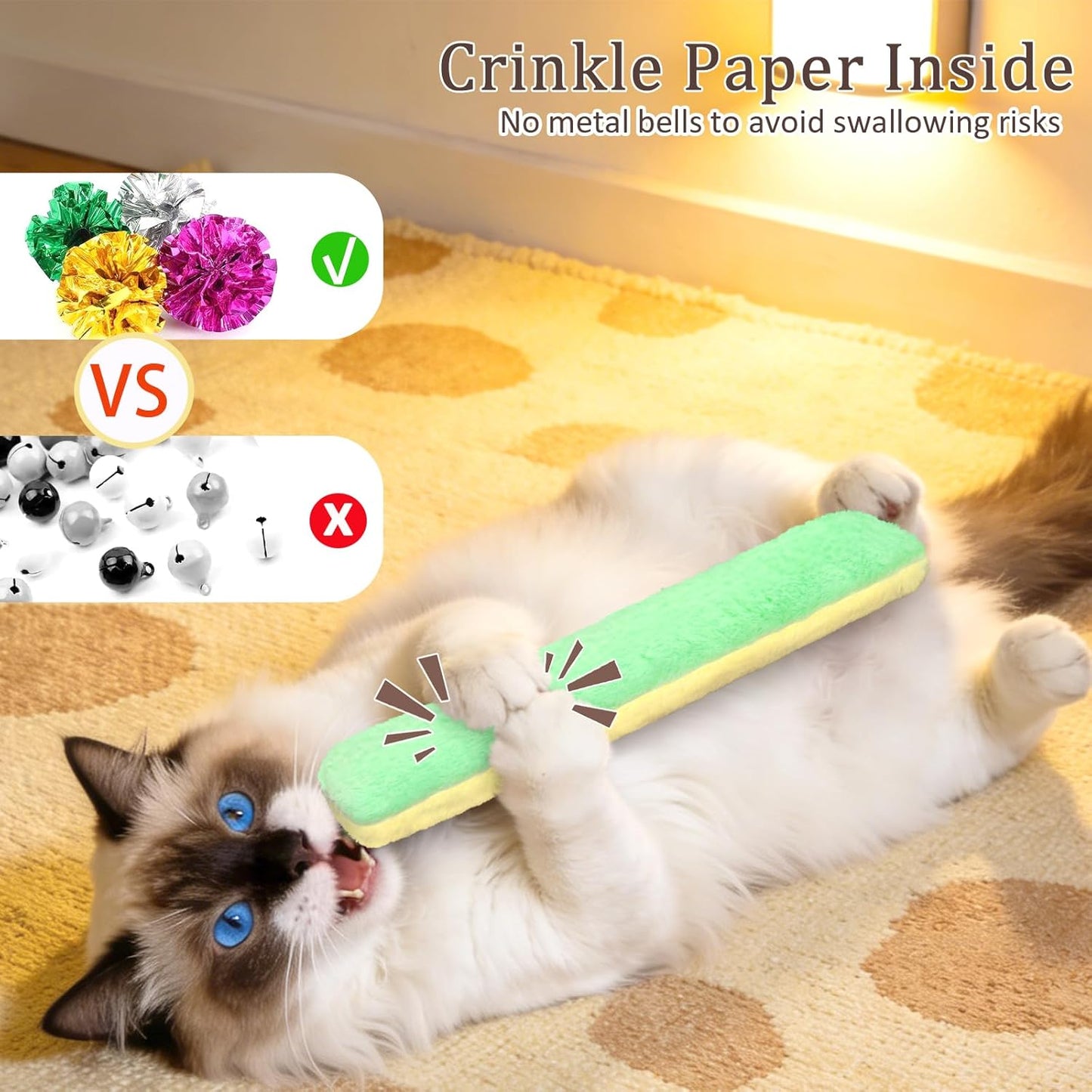 Retro Shaw Cat Toys Pillows 3Pcs, Refillable Catnip Toys with Crinkle Inside, Interactive Indoor Kitty Kicker Stick for Kitten Exercise Boredom Relief 8 Inches