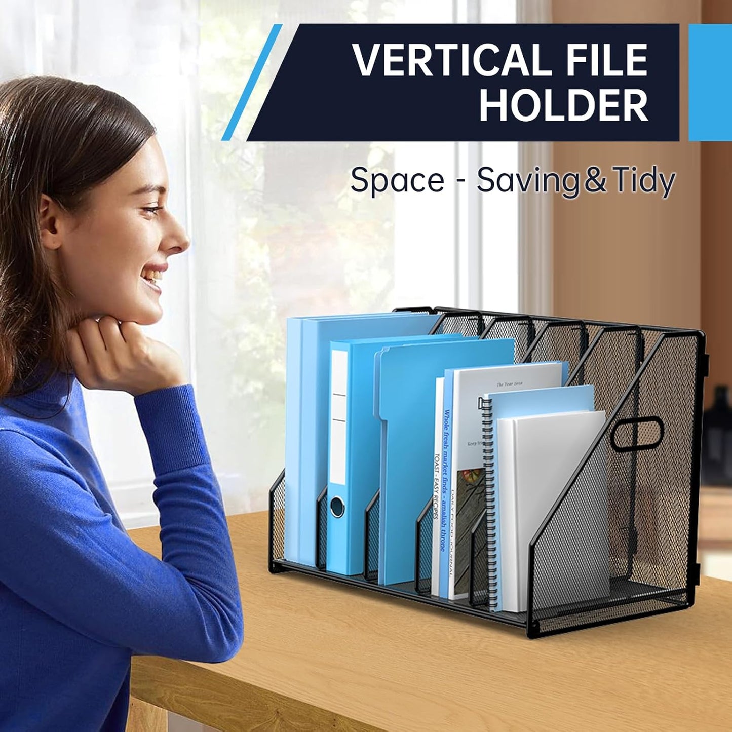 Desk File Organizer Metal Desk Magazine Folder Holder with 5 Vertical Compartments Rack File Organizer for Office, Home, School, Black