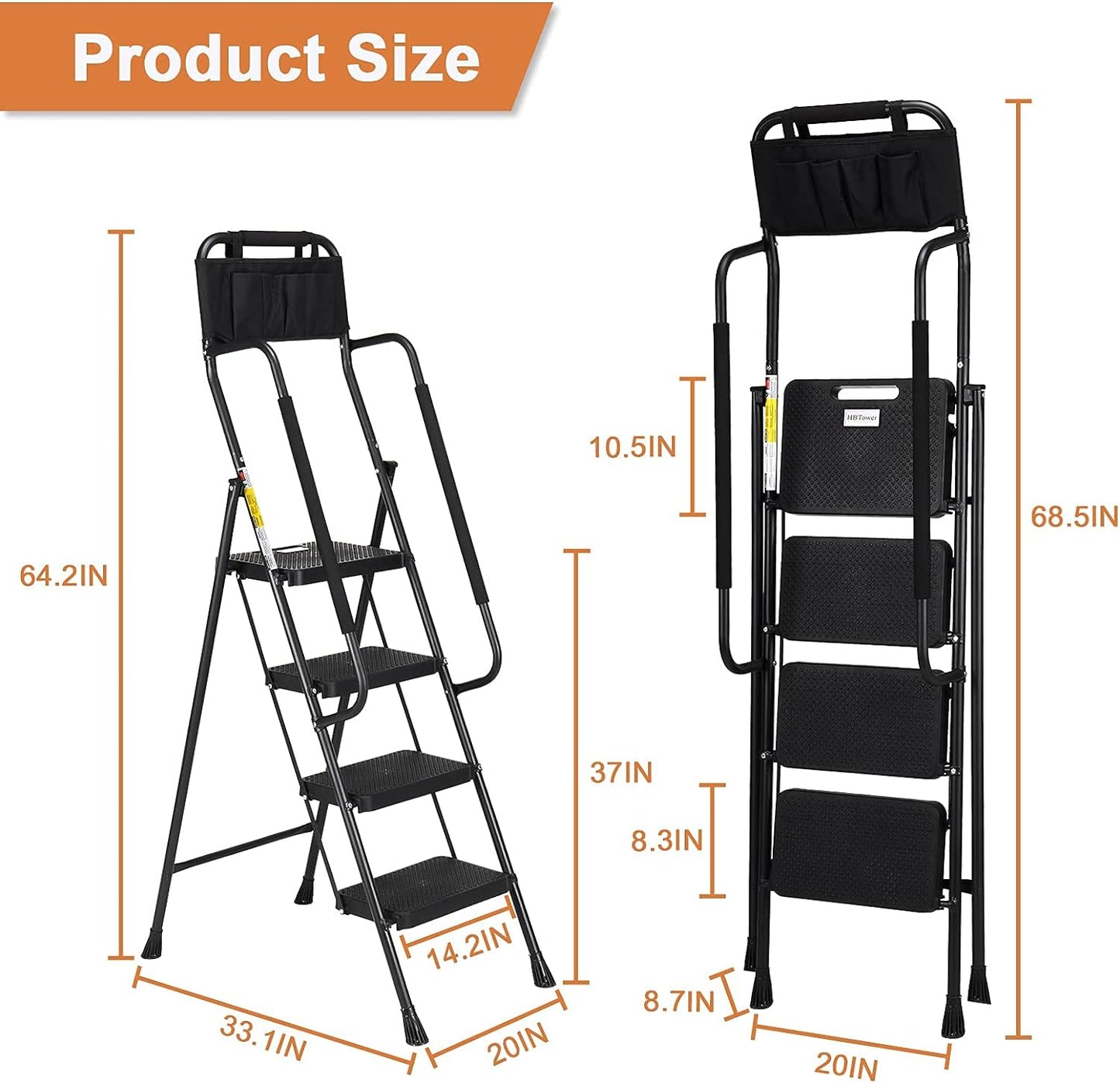 HBTower Step Ladder with Handrails, Folding Step Stool with Attachable Tool Bag & Anti-Slip Wide Pedal for Home Kitchen Pantry Office, Black