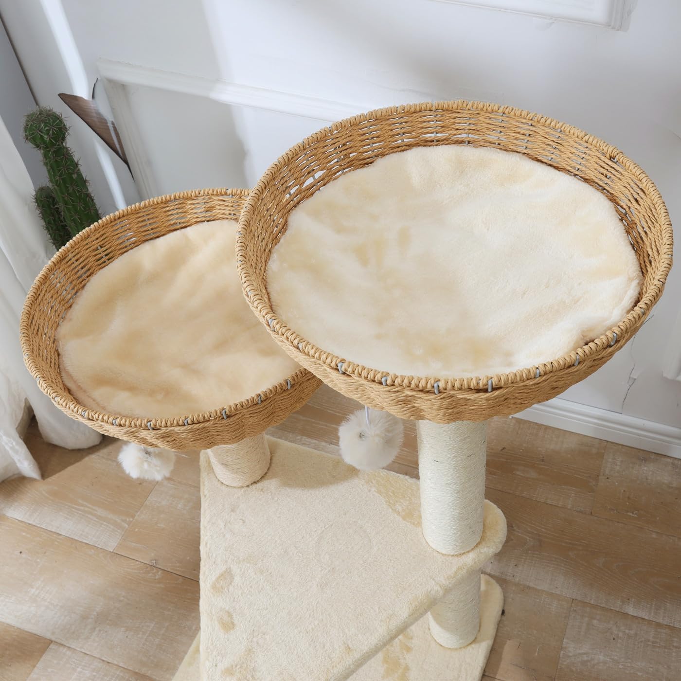 SHENGOCASE Cat Tree Tower with Rattan Wicker Basket, 2 Handwoven Large Nest Baskets Bed, Window Perch for Large Cats up to 20LBS
