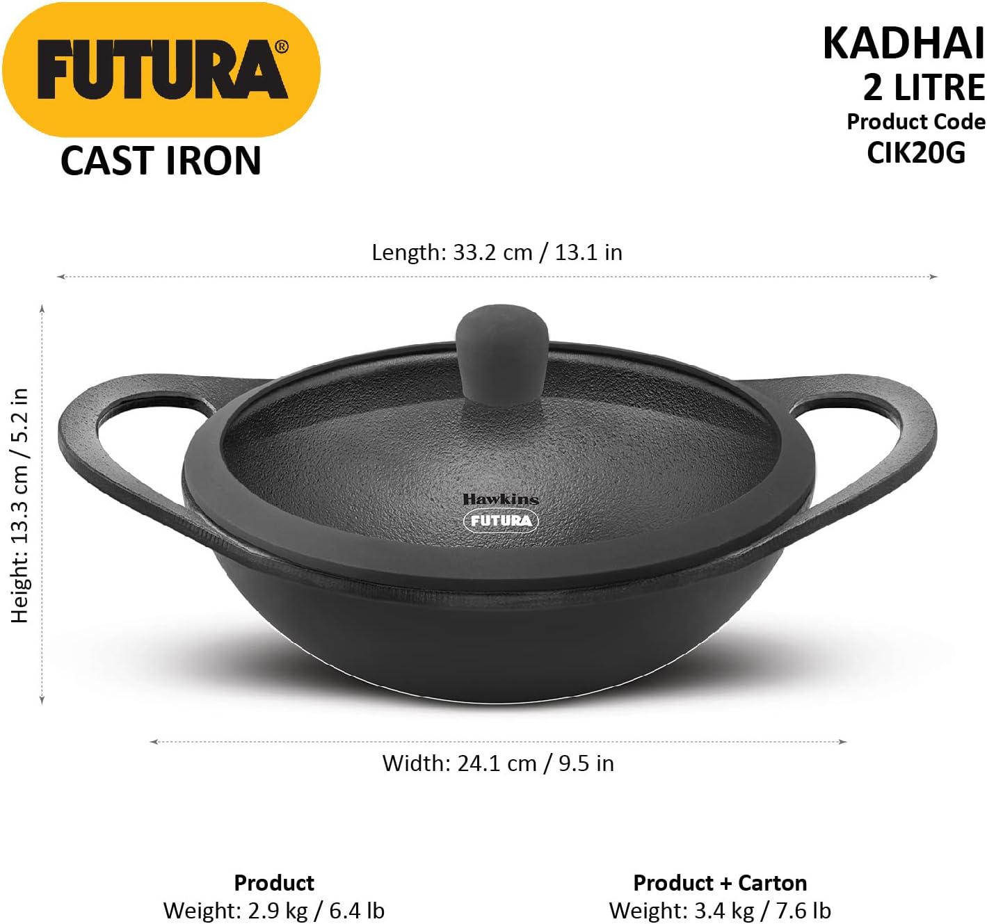 Hawkins Futura 2 Litre Cast Iron Kadhai, Naturally Nonstick Cast Iron Kadai with Glass Lid, Cast Iron Cookware for Kitchen, Black (CIK20G)