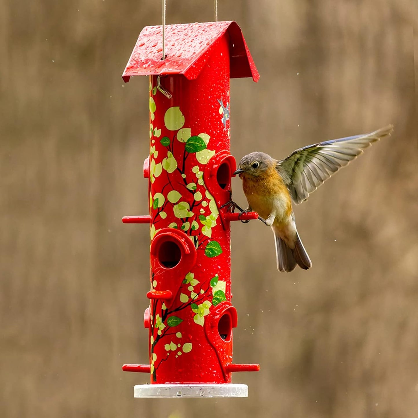Kingsyard Metal Bird Feeders for Outdoors Hanging, 6-Ports Tube Bird Feeder, 14 inch, Durable & Weatherproof, Large Capacity for Attracting Wild Birds (Red)