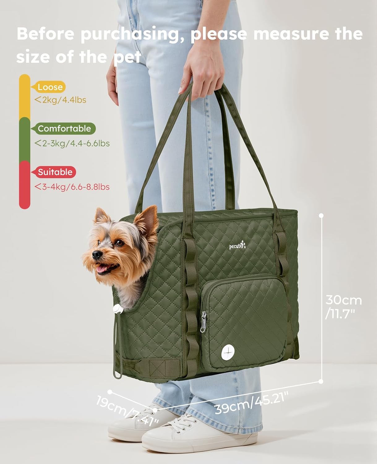 Pecute Dog Purse Carrier, Dog Carrier with Pockets for Small Dogs, Fits Dogs 5 lbs to 9 lbs, Cat and Puppies Tote Bag, Outing, Travel, Vet, Green