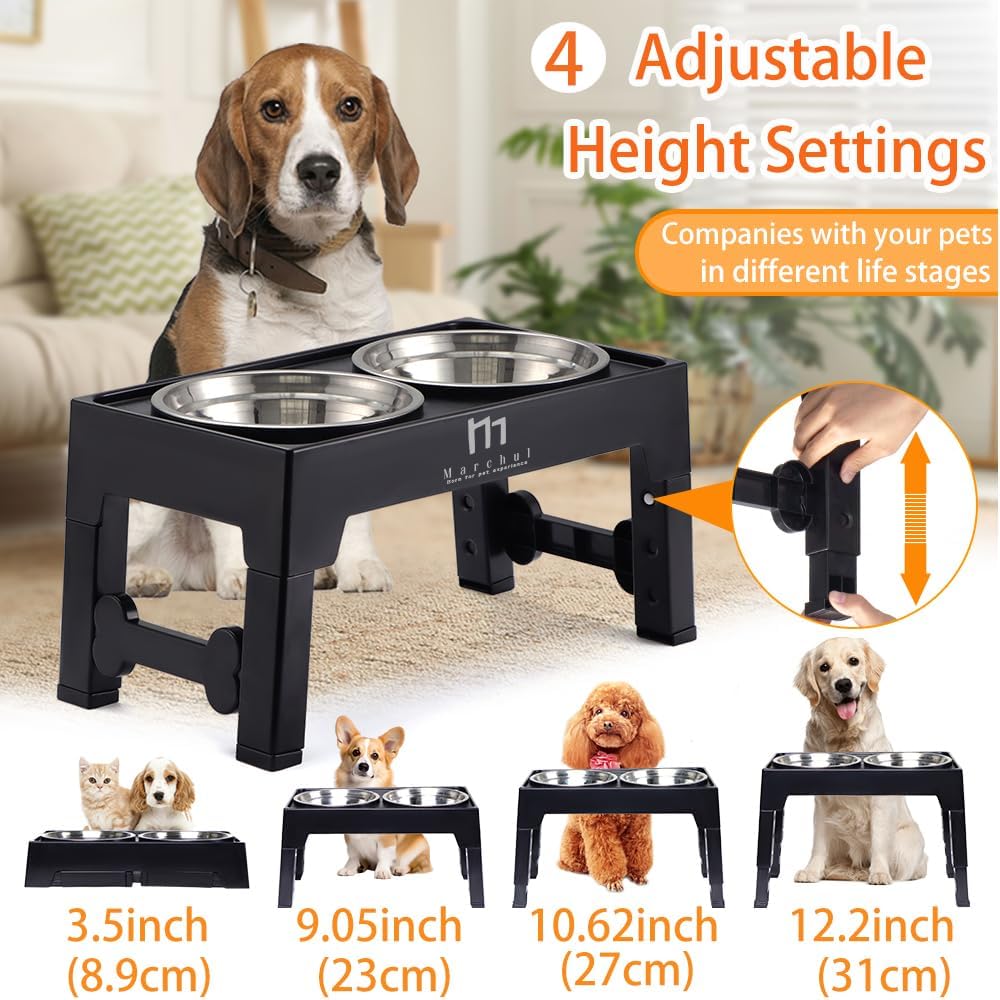 Marchul Elevated Dog Bowls, Raised Dog Food Water Bowls with 2 Thick Stainless Steel Bowls, 4 Height Adjustable, Non-Slip Stand for Medium Large Dogs