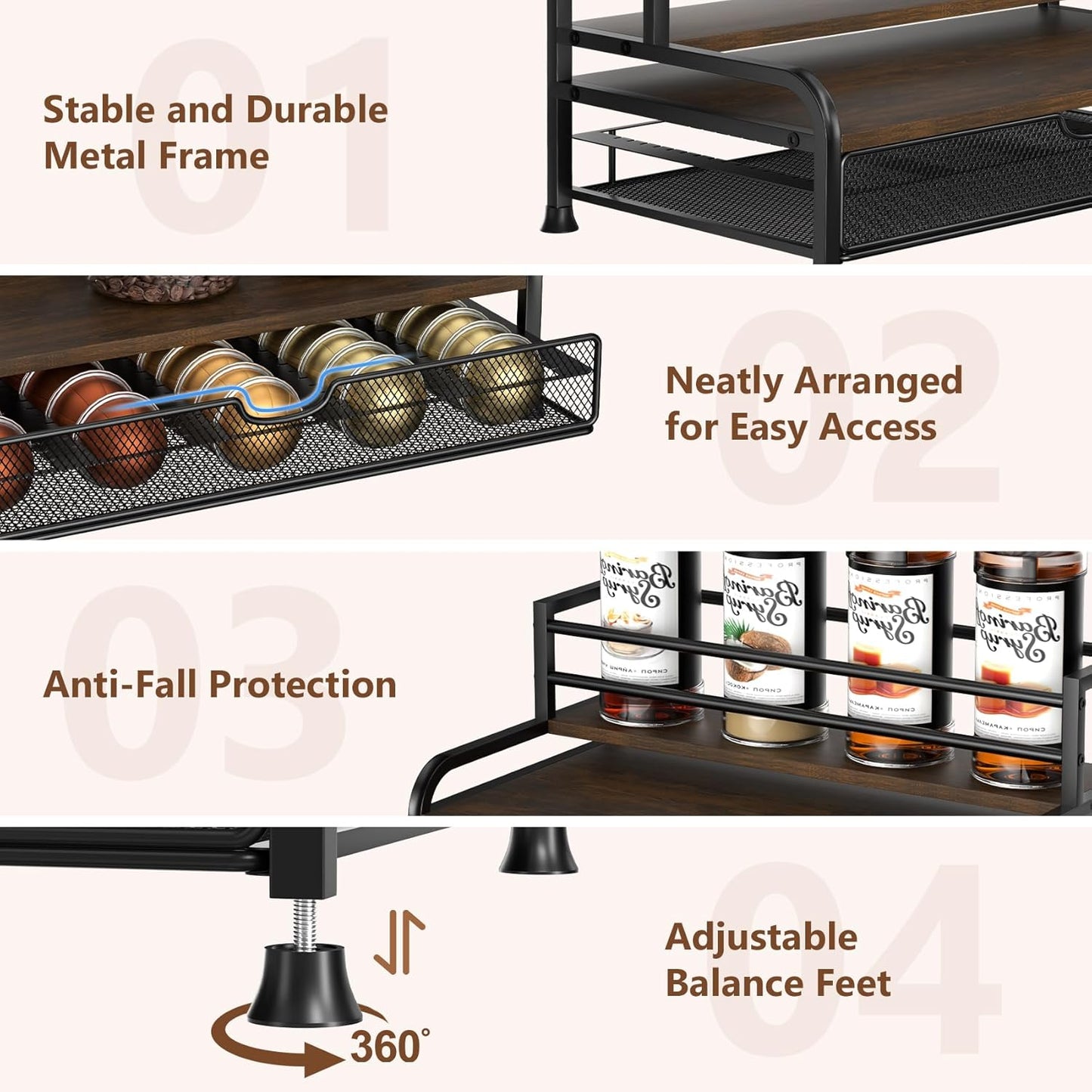 Coffee Syrup Rack Organizer, 3-Tier 8 Bottles Syrup Rack with Pod Holder Drawer for Nespresso Pods, Holds up to 30 Big or 40 Small Capsules, Countertop Coffee Bar Organizer for Kitchen Cafe