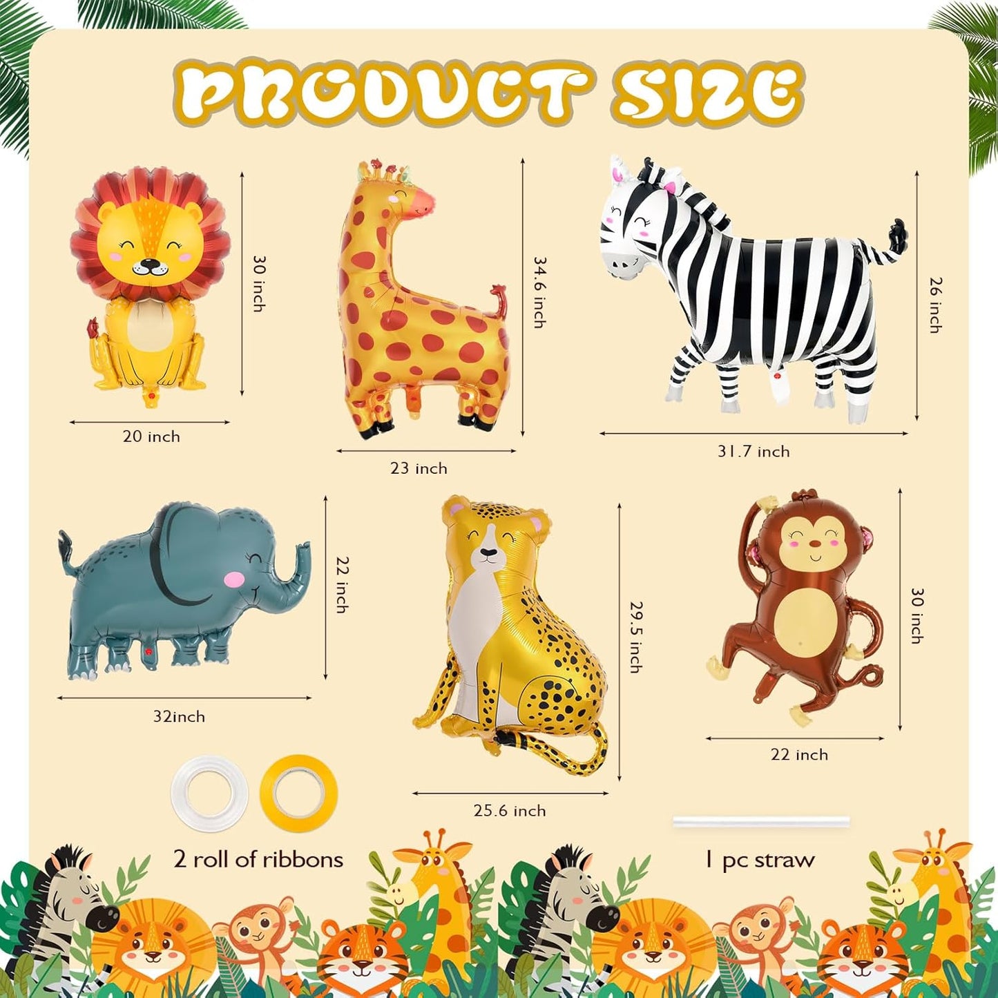 6 Pcs Safari Balloons,Jungle Safari Animals Foil Balloons,Giant Zoo Animal Balloon Zebra Elephant Monkey Lion Giraffe Leopard Shaped Animal Balloon for Zoo Wildlife Theme Birthday Party Decorations