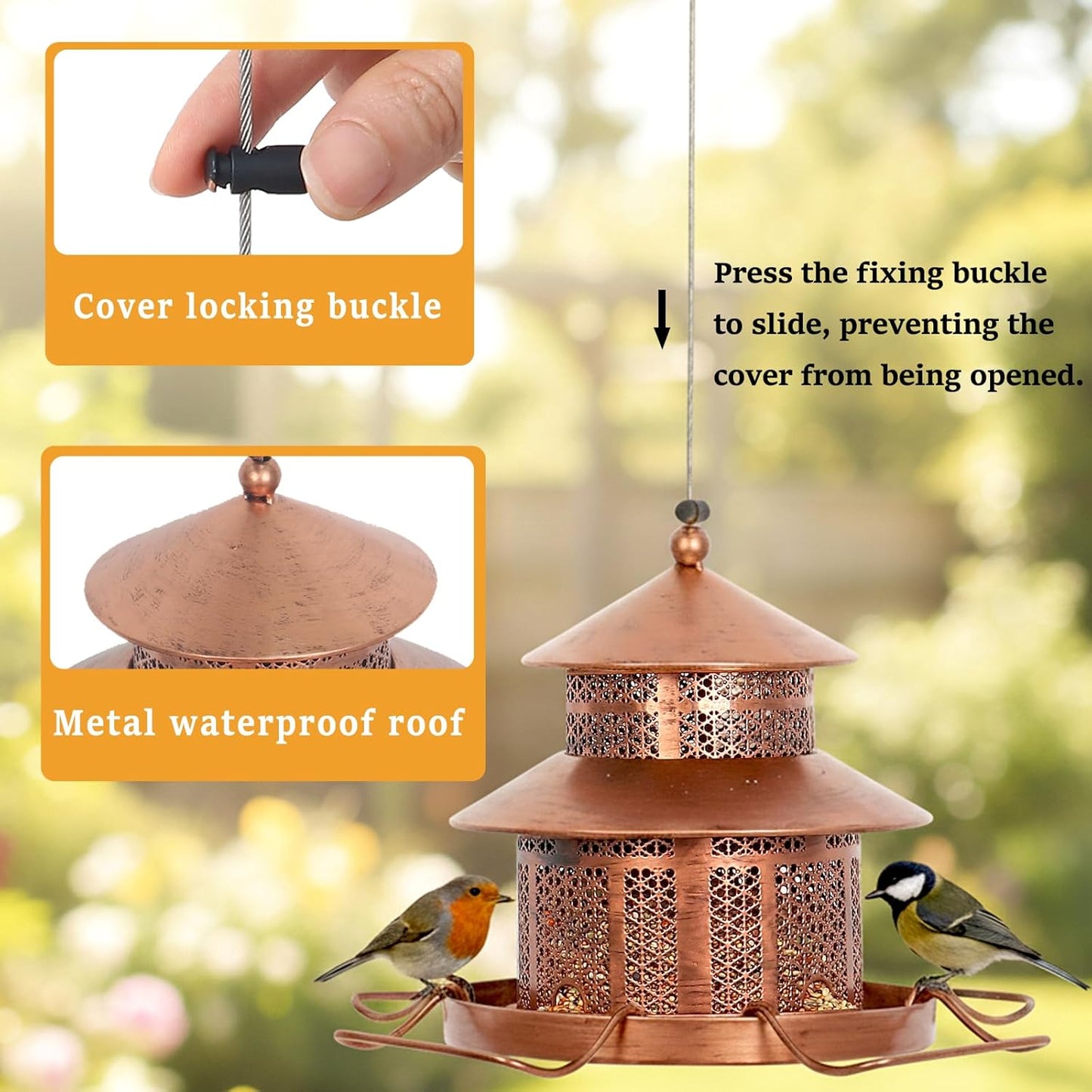 Bird Feeder for Outdoors Hanging, 1.5LB Capacity with 4 Perches, Heavy Duty Metal Wild Bird Feeders for Garden, Yard, Balcony,Easy to Clean and Refill,Vintage Copper
