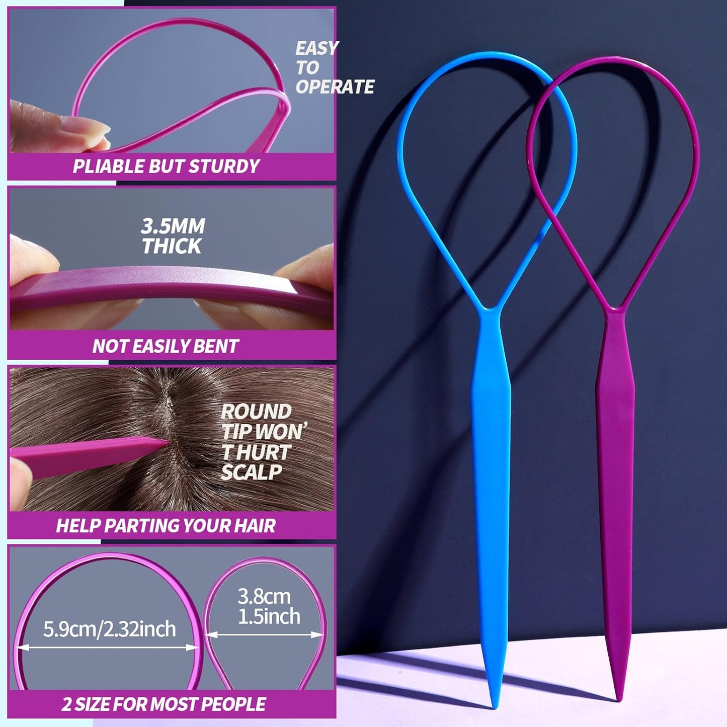 Teenitor 4pcs Pony Hair Tail Accessories, 2 Pairs French Braiding Tool, Turvy Styling Tool for Women Girls, Ponytail Pull Through Tool Purple/Blue