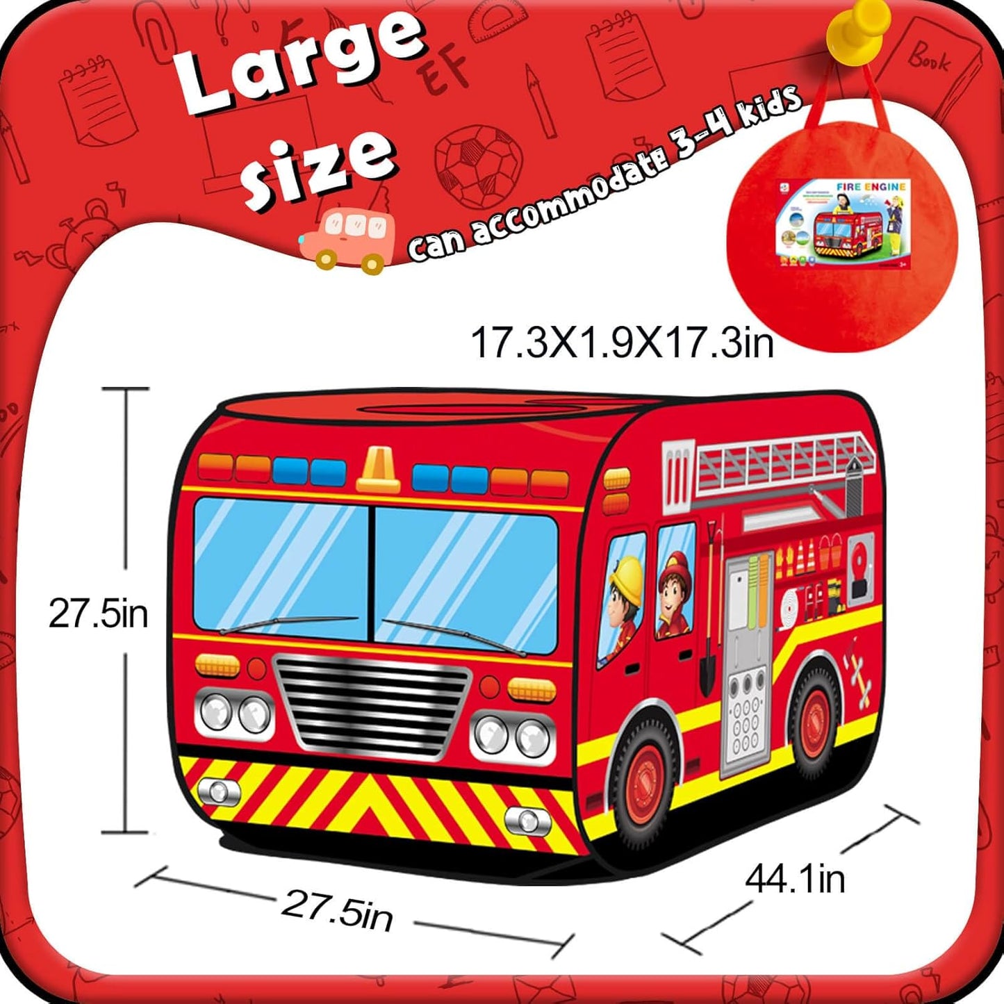 Pop Up Play Tent for Kids Aged 3-5 Years Old Boys and Girls : Fire Truck Tent Playhouse Toy Play Tents for Toddlers 3-5 Kids Tent Indoor Outdoor Playhouse Toys for 3 + Year Old, Fire Truck