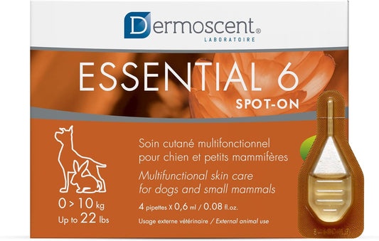 Dermoscent Essential 6 spot-on - Dog Skin Care for Dandruff & Allergy Relief with Vitamin E Oil - Anti Itch for Dogs - Dog & Small Mammals 0-10 kg - 4 Pipettes of 0.6 ml