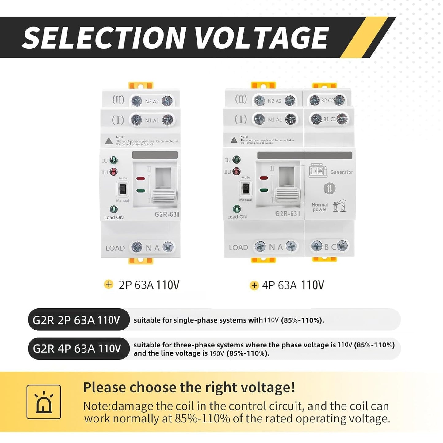 Mini ATS AC Automatic/Manual Transfer Switch 2P 63A 110V, ATS Manual Transfer for Uninterruptible Power Supply Home, Dual Auto Power Electrical Selector Switch DIN Rail Mount（G2R 2P 63A AC110V）