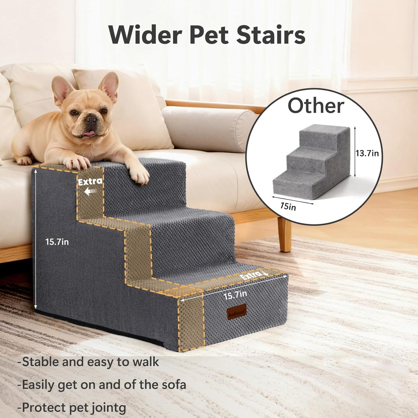 Dog Stairs for Small Dogs, 3-Step Wider Pet Stairs for Couch and Beds, Non-Slip Dog Steps for Old Cats, Puppy, Small Medium Dogs,15.7" H,Grey