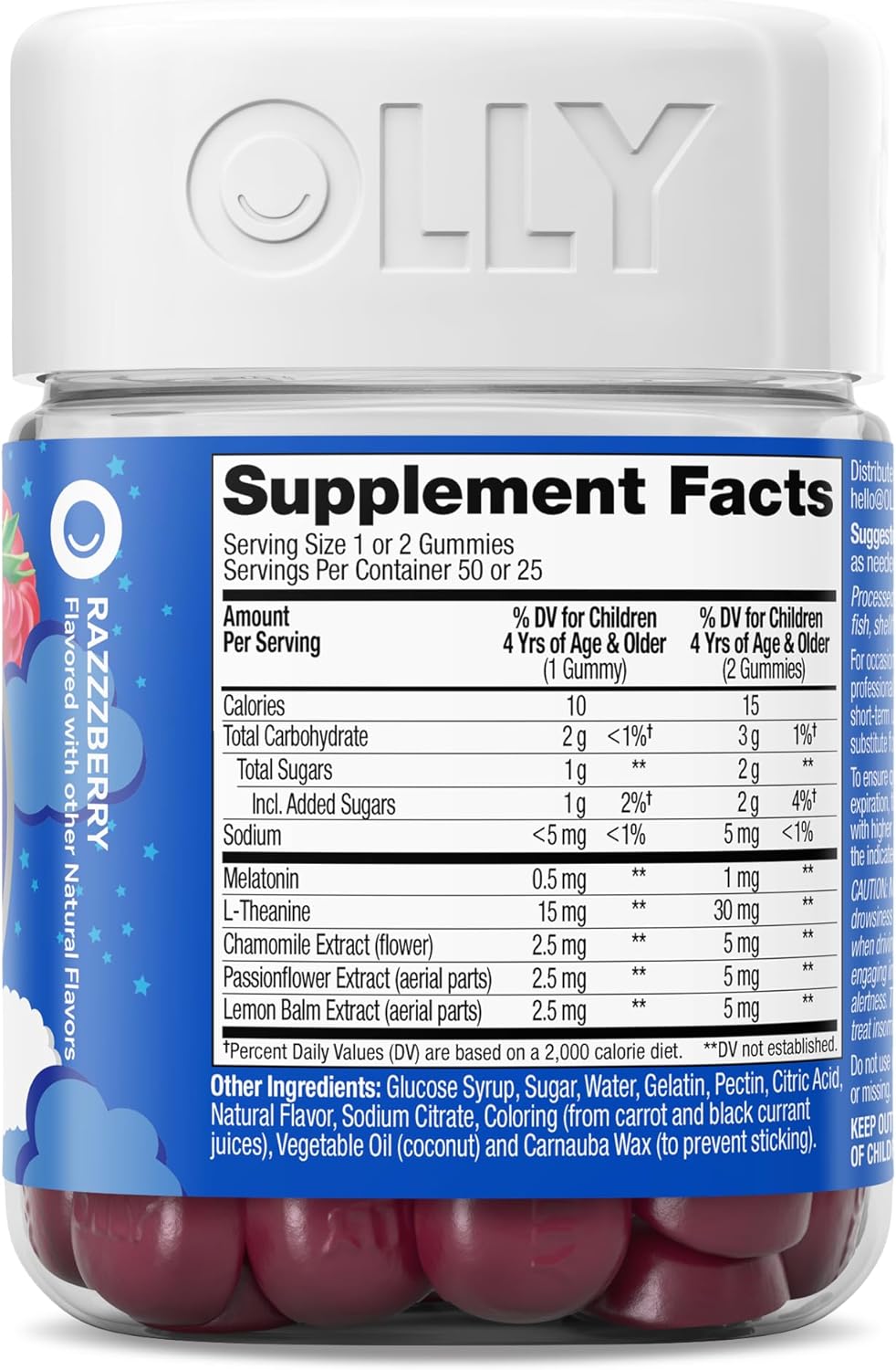 OLLY Kids Sleep Gummy, 0.5mg Melatonin, L Theanine, Chamomile, and Lemon Balm, Childrens Chewable Supplement, Raspberry - 50 Count