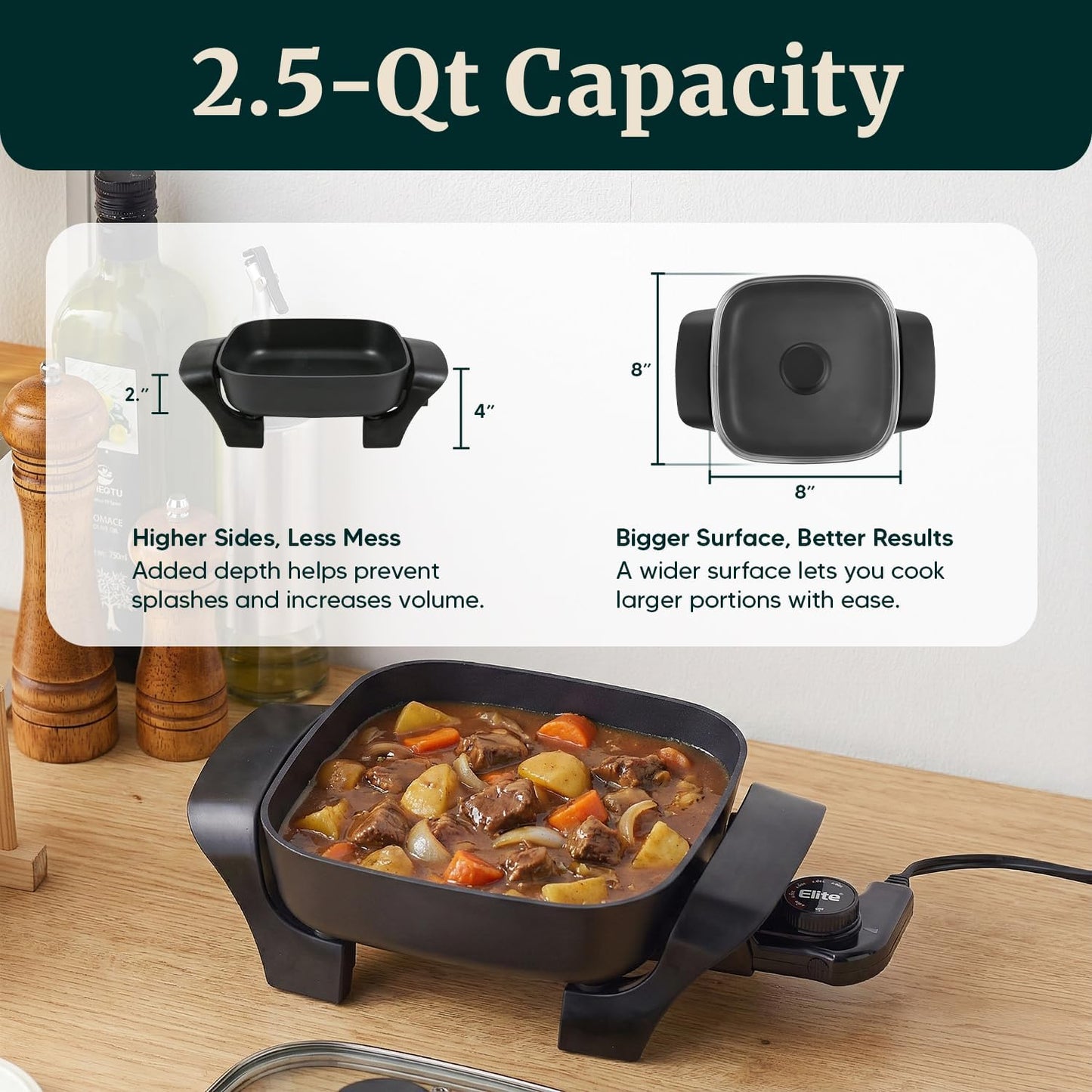 Elite Gourmet EG808 Electric Skillet 8"x8" Non-Stick Coating, Tempered Glass Lid, Removable Thermostat 200°F–400°F, Dishwasher Safe, 600W Compact 2.5-Qt Capacity for Eggs, Bacon & One-Pot Meals, Black