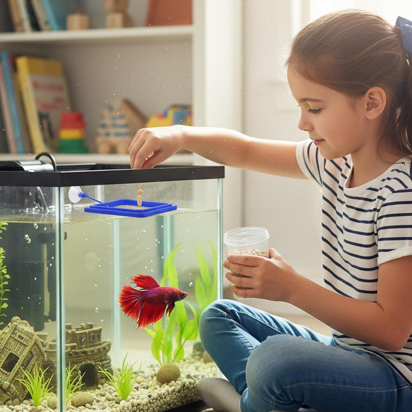 2Pcs Floating Fish Feeder, Fish Feeding Ring for Aquarium, Betta Fishes Tank Accessories Blue Turtle Feeding Ring with Suction Cup, Square & Round Floating Food Feeder for Betta, Goldfish, Turtle
