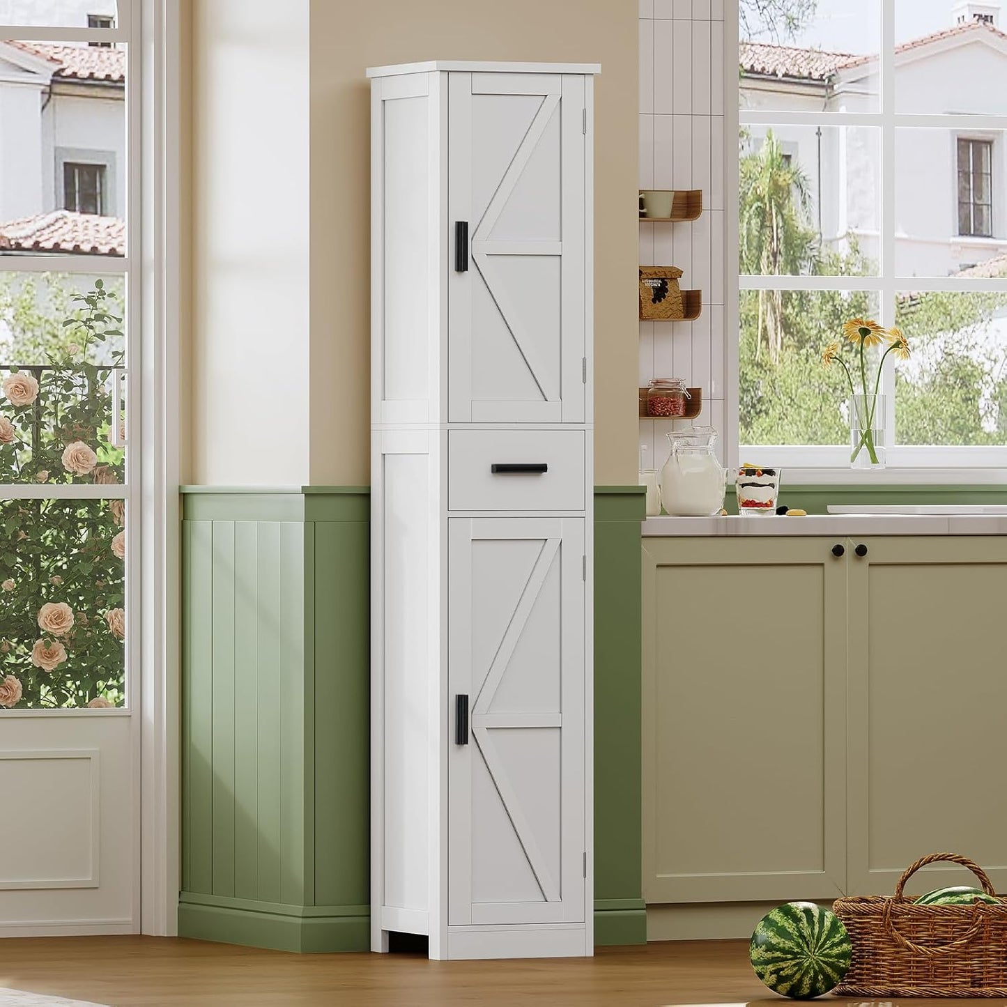 WEENFON 67 Tall Bathroom Cabinet with 6 Shelves & 1 Drawer, Narrow Storage Cabinet with Adjustable Shelves, Silm Cabinet for Living Room, Kitchen, White