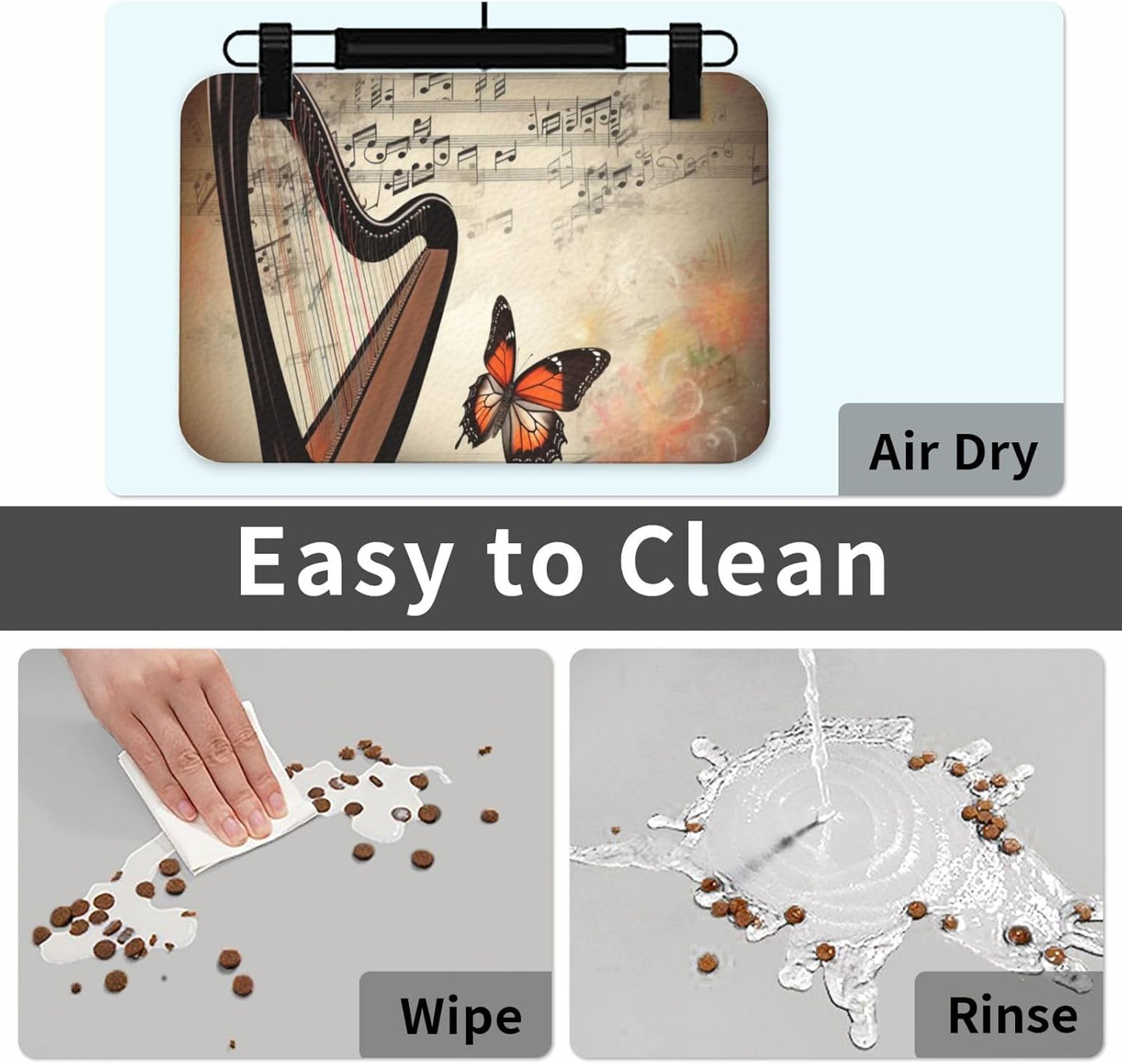 Pet Feeding Mat Leather Dog Food Mat Waterproof Pet Tablecloth Butterfly Harp Pet Placemat for Dogs Absorbent Dog Bowl Mat Anti-Slip Dogs Mats for Food and Water