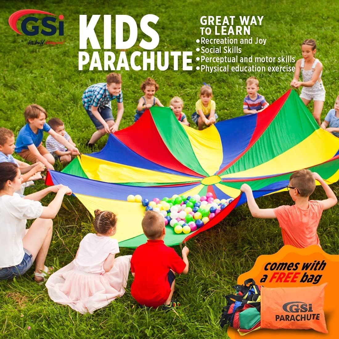 GSi Kids Play Parachute Rainbow Parachute Toy Tent Game for Children Gymnastics Cooperative Play and Outdoor Playground Activities (16 Feet)
