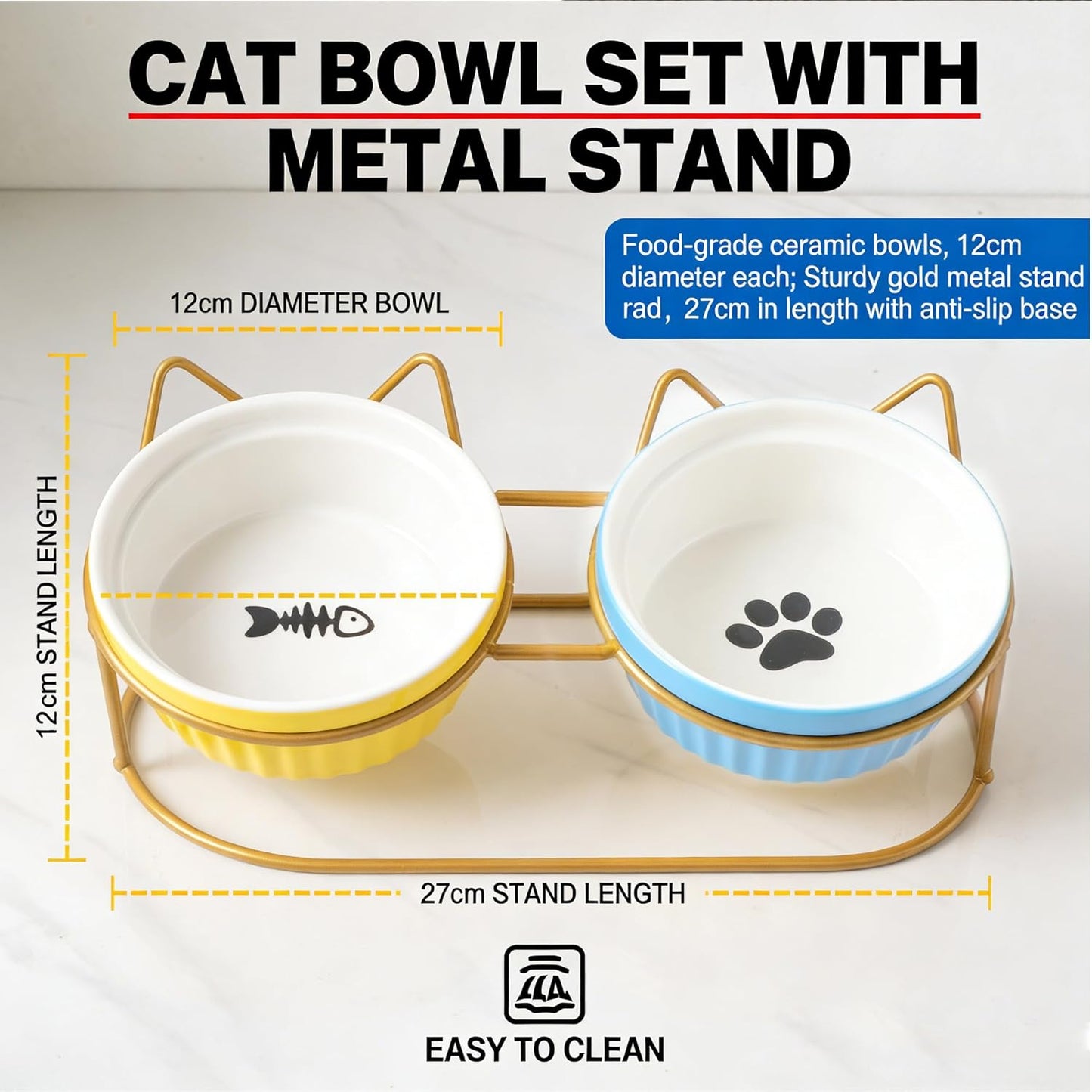 Ceramic Raised Tilted Cat Food Bowls Set - 15° Elevated Cat Food and Water Bowls for Indoor Cats/Kittens, Anti-Vomiting Pet Feeding Bowls (Non-Slip, BPA-Free)