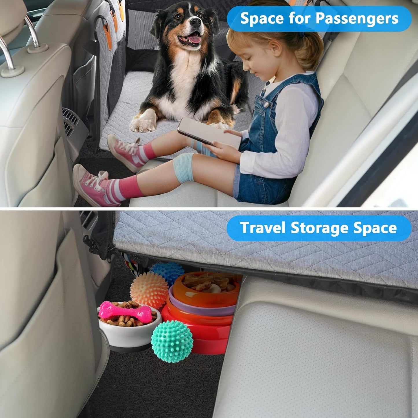 Dog Car Seat for Large Medium Dogs, Hard Bottom Back Seat Extender for Dogs with Soft Removable Blanket, Non-Slip Dog Car Hammock Turn into Soft Pet Travel Bed,Pet Seat for Car SUV Truck(Grey)
