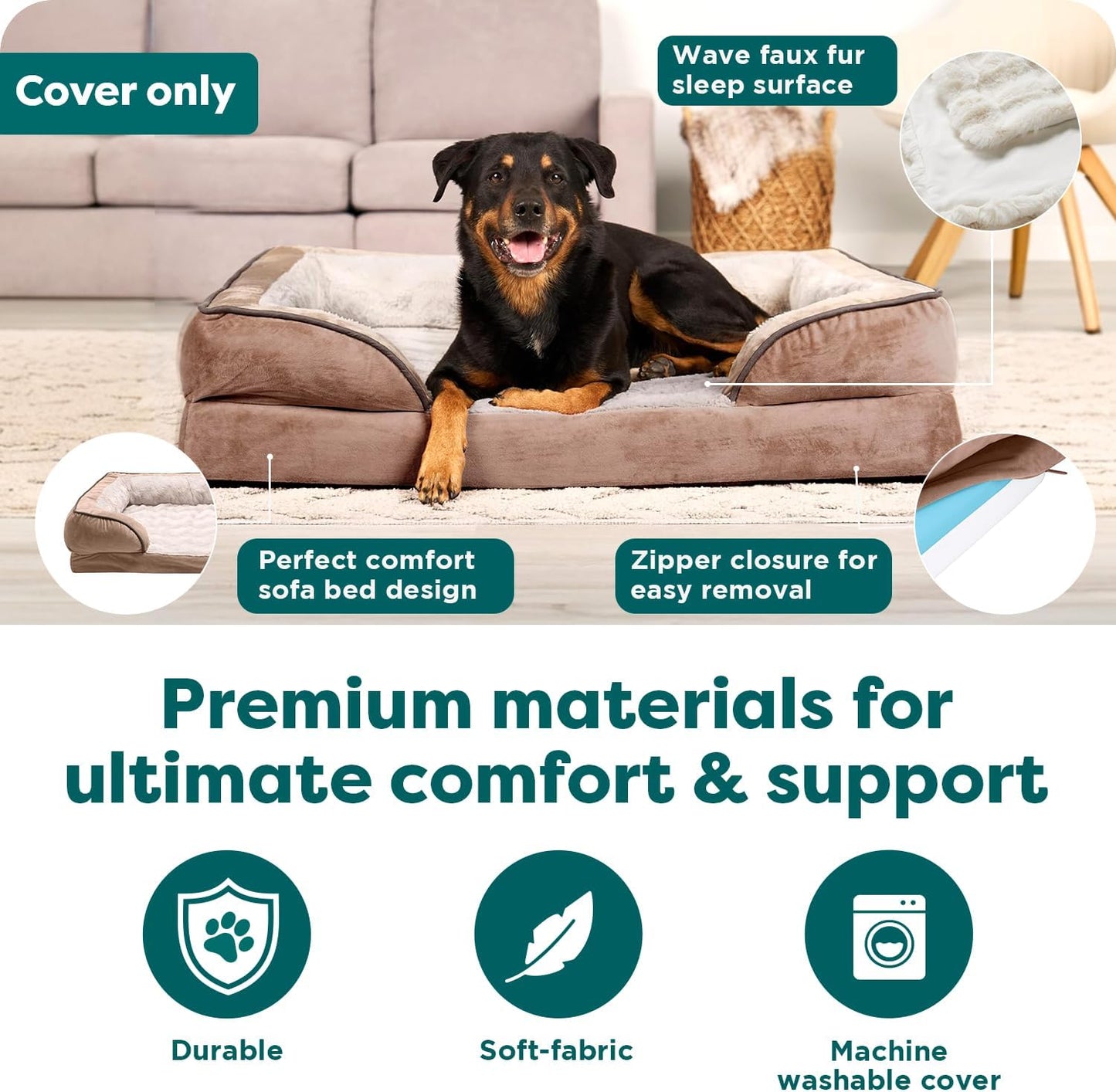 FurHaven Dog Bed Cover Replacement, Sofa-Style Design with Soft, Breathable Fabric for Cozy Comfort, Machine Washable, Jumbo XL, Plush & Velvet Waves, Brownstone