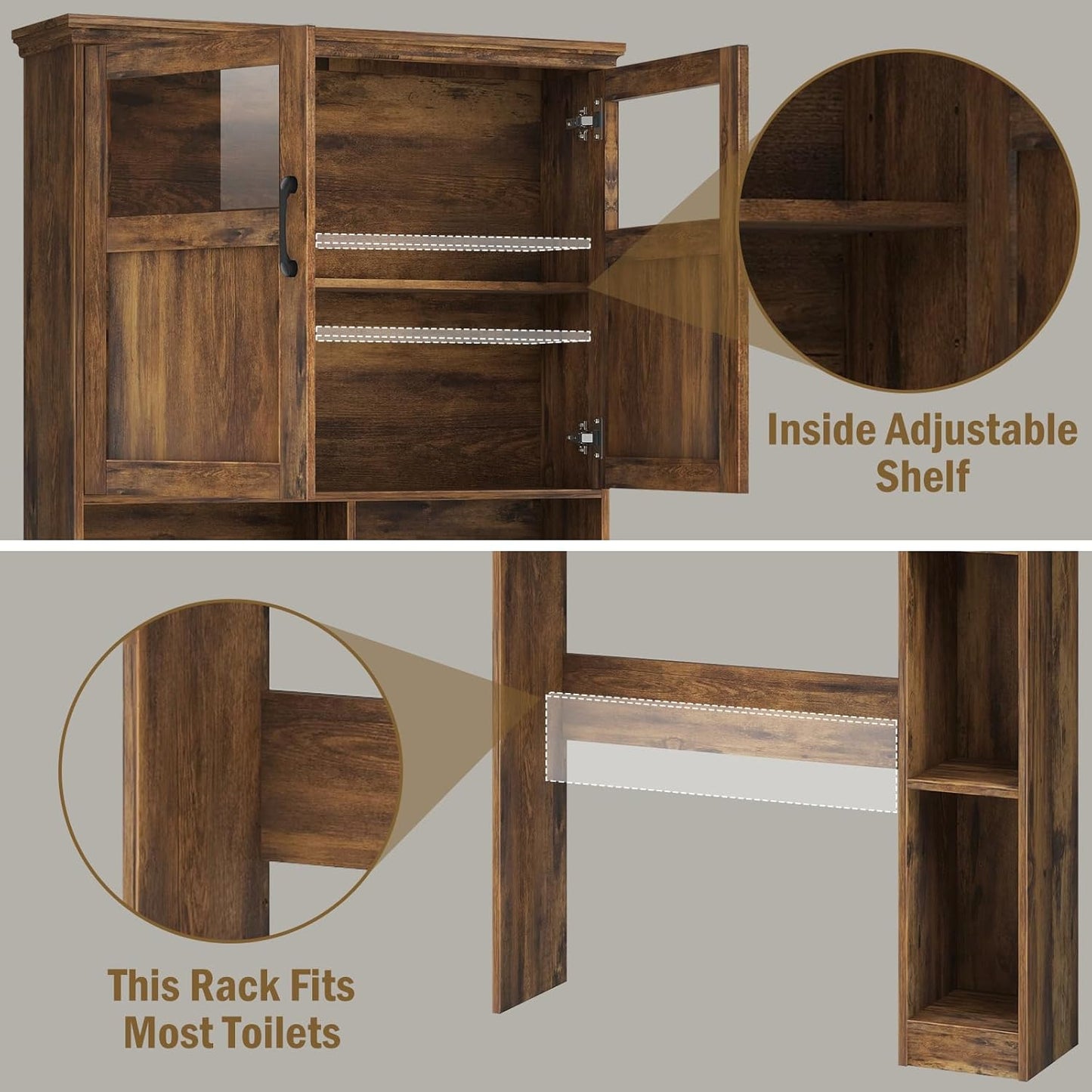 Vabches Over The Toilet Storage Cabinet With Double Doors & Paper Holder Stand, Freestanding Shelf Space Saver With Anti-Tip Design & Adjustable Shelf, Brown