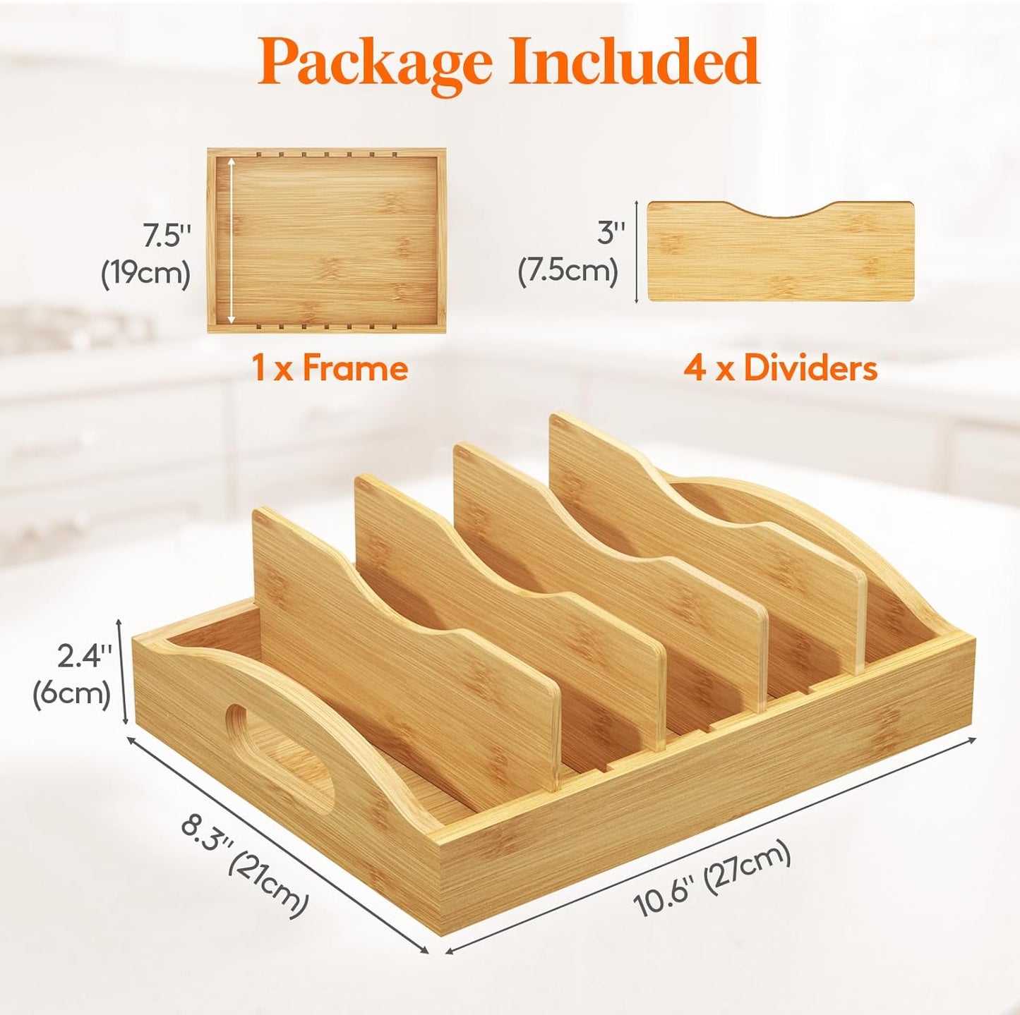 Lifewit Bamboo Lid Organizers for Inside Cabinet, Food Storage Container Lid Holder with 4 adjustable Inserts & 5 Compartments, Lid Storage for Kitchen Pantry Organization, 10.6" X 8.3"