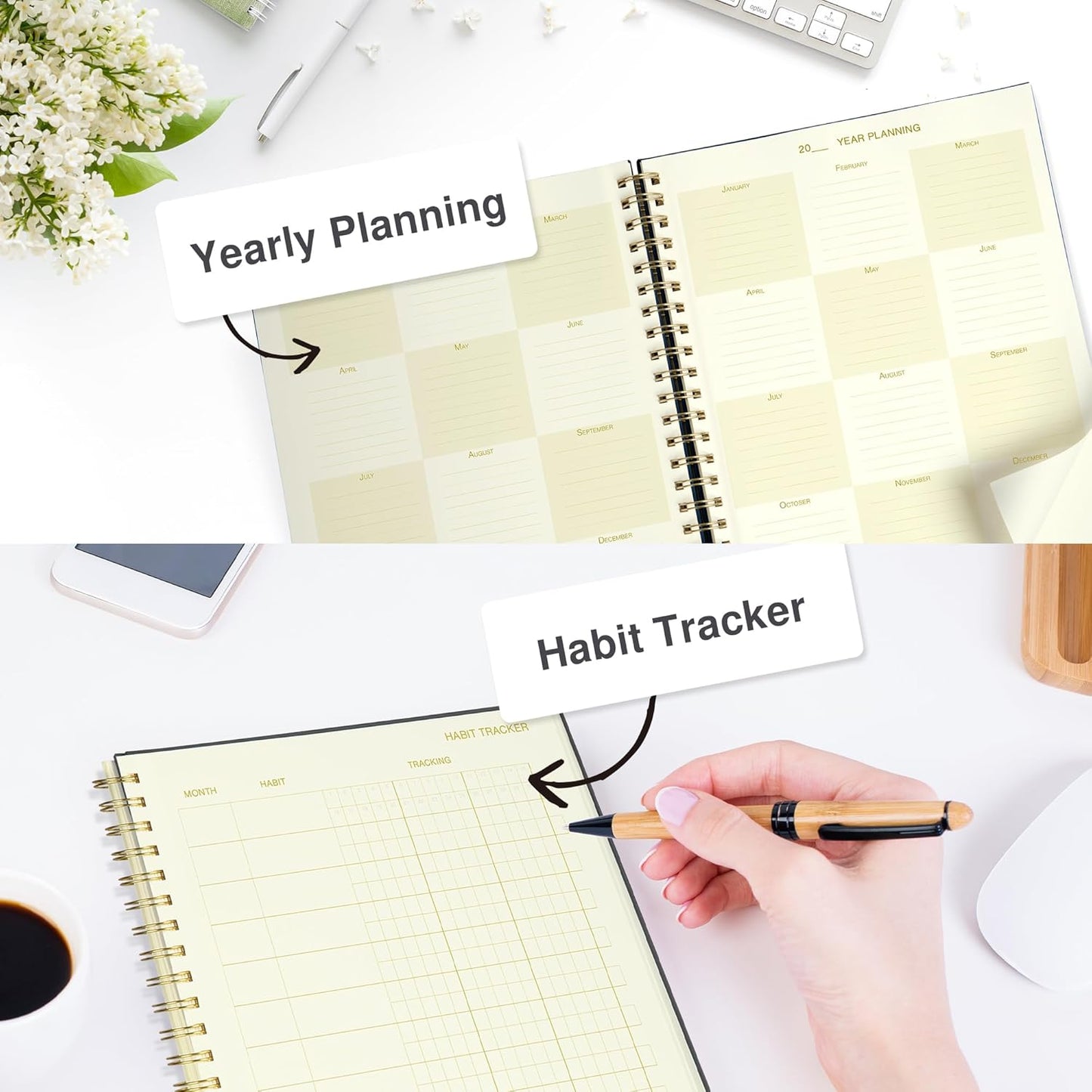 Undated Daily Planner To Do List Hourly Schedule 2027 2026 2025 Calendar & Holiday Habit Tracker 180 Pages Letter Size 8.5" x 11" Sheets Hardcover Spiral Bound Notebook (Black)