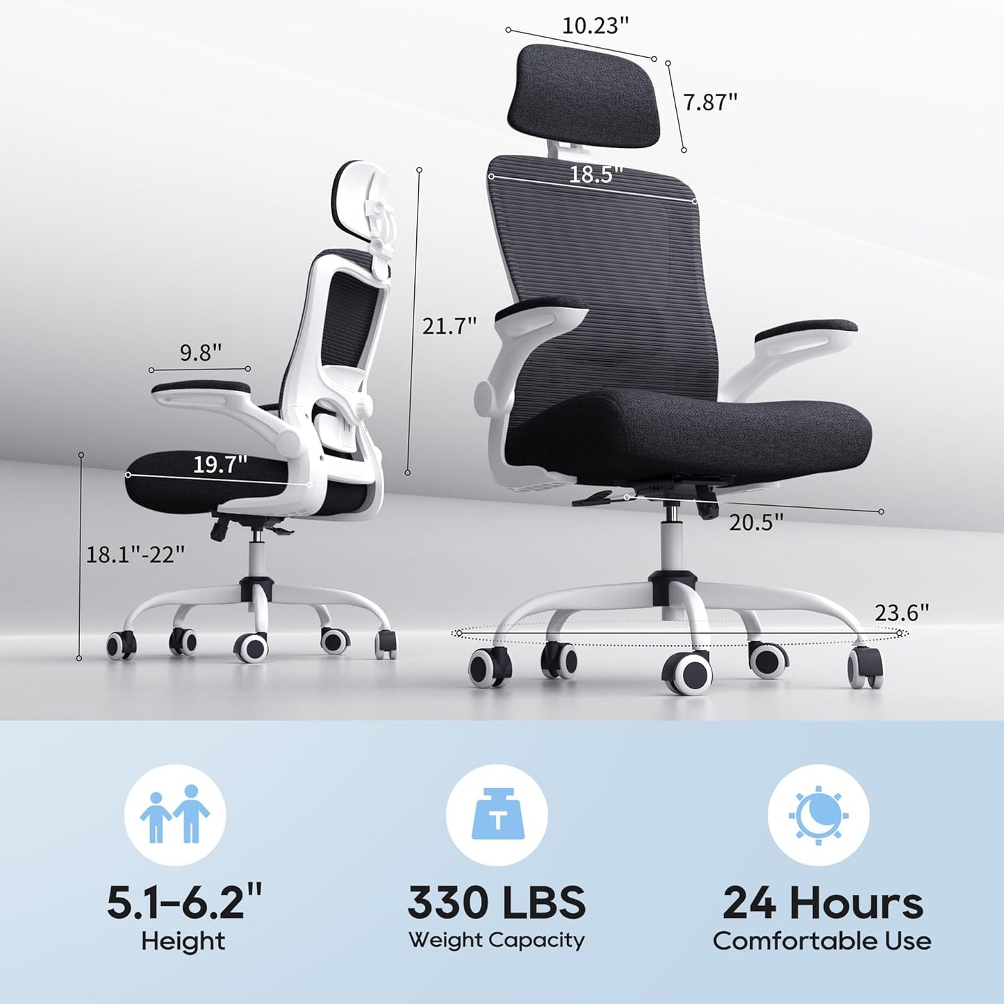 Ergonomic Office Chair, High Back Mesh Desk Chair with Adjustable Lumbar Support & Headrest, Flip-up Armrest, Computer Task Chairs for Home and Executive Office (W-Black)