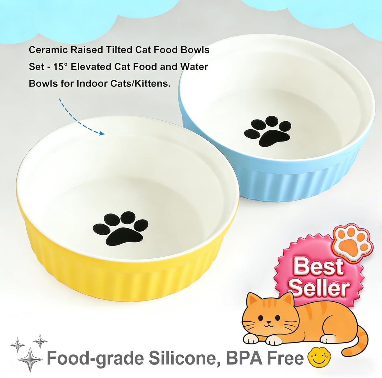 Ceramic Raised Tilted Cat Food Bowls Set - 15° Elevated Cat Food and Water Bowls for Indoor Cats/Kittens, Anti-Vomiting Pet Feeding Bowls (Non-Slip, BPA-Free)