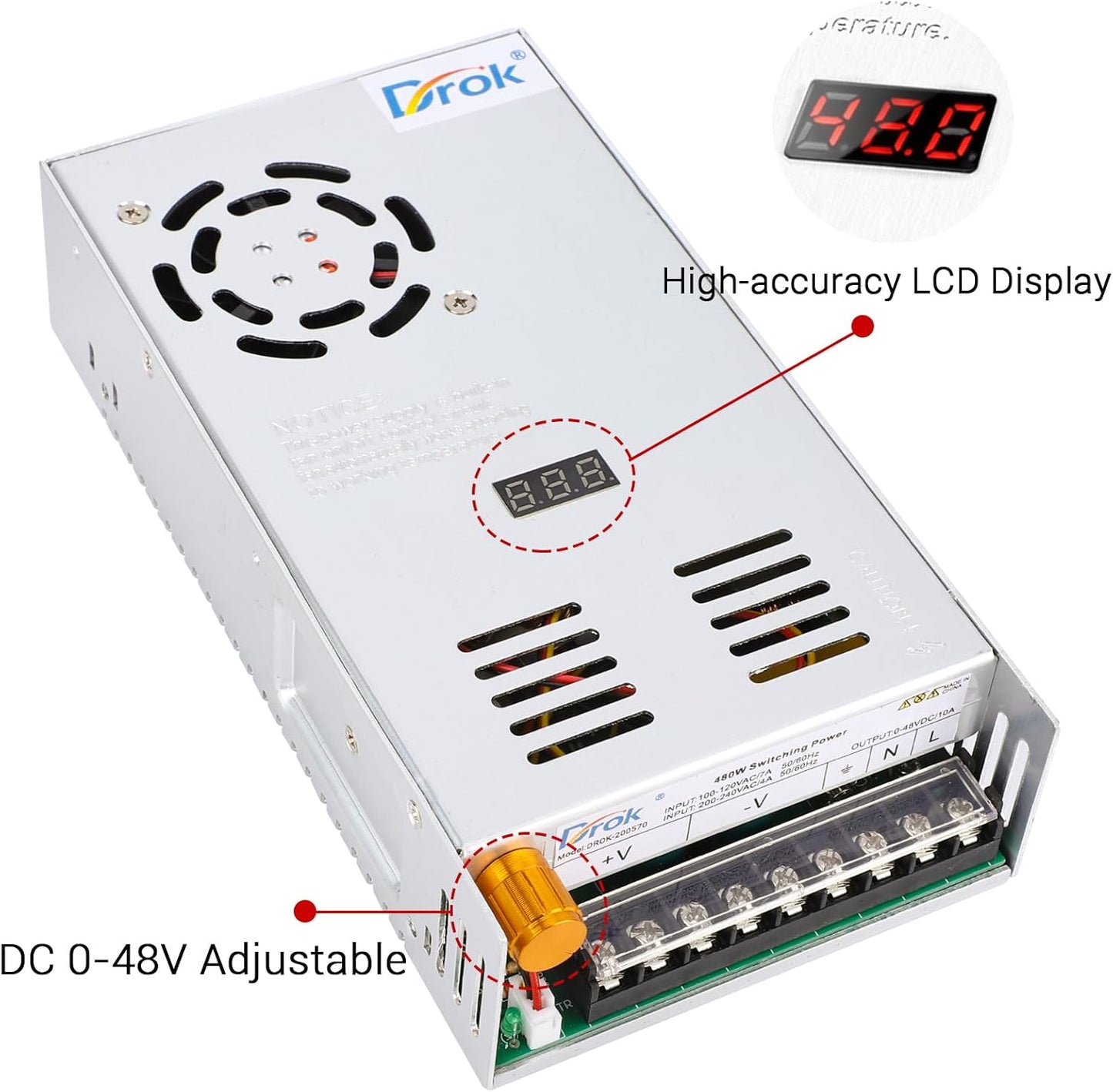 DROK 48V Power Supply, AC 110V/220V to DC 0-48V 10A 480W Buck Converter, Adjustable Variable LED Adapter Regulated 5V 12V 24V 30V 36V 48V Volt Voltage Transformer 10A Amp Charger for Lab CCTV